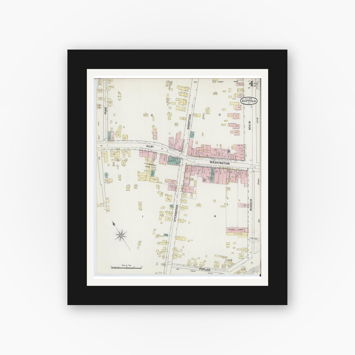 Old map wall art mockup — black gallery frame with white mat — Sanborn Fire Insurance Map from Suffolk, Independent Cities, Virginia (1889), Sheet #0004