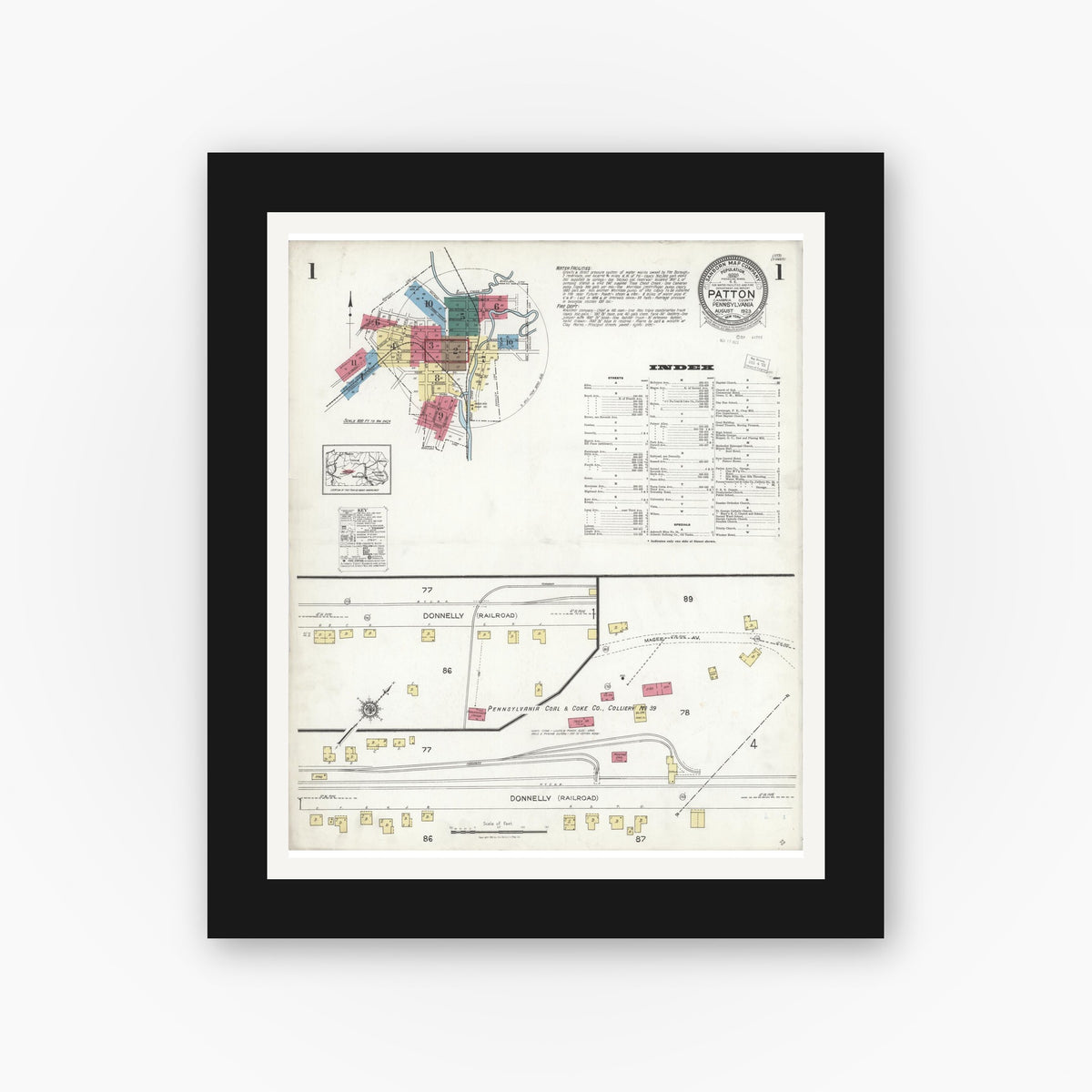 Old map wall art mockup — black gallery frame with white mat — Sanborn Fire Insurance Map from Patton, Cambria County, Pennsylvania (1923), Sheet #0001