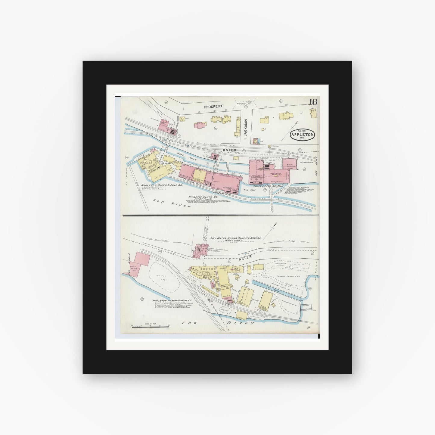 Old map wall art mockup — black gallery frame with white mat — Sanborn Fire Insurance Map from Appleton, Outagamie County, Wisconsin (1891), Sheet #0018