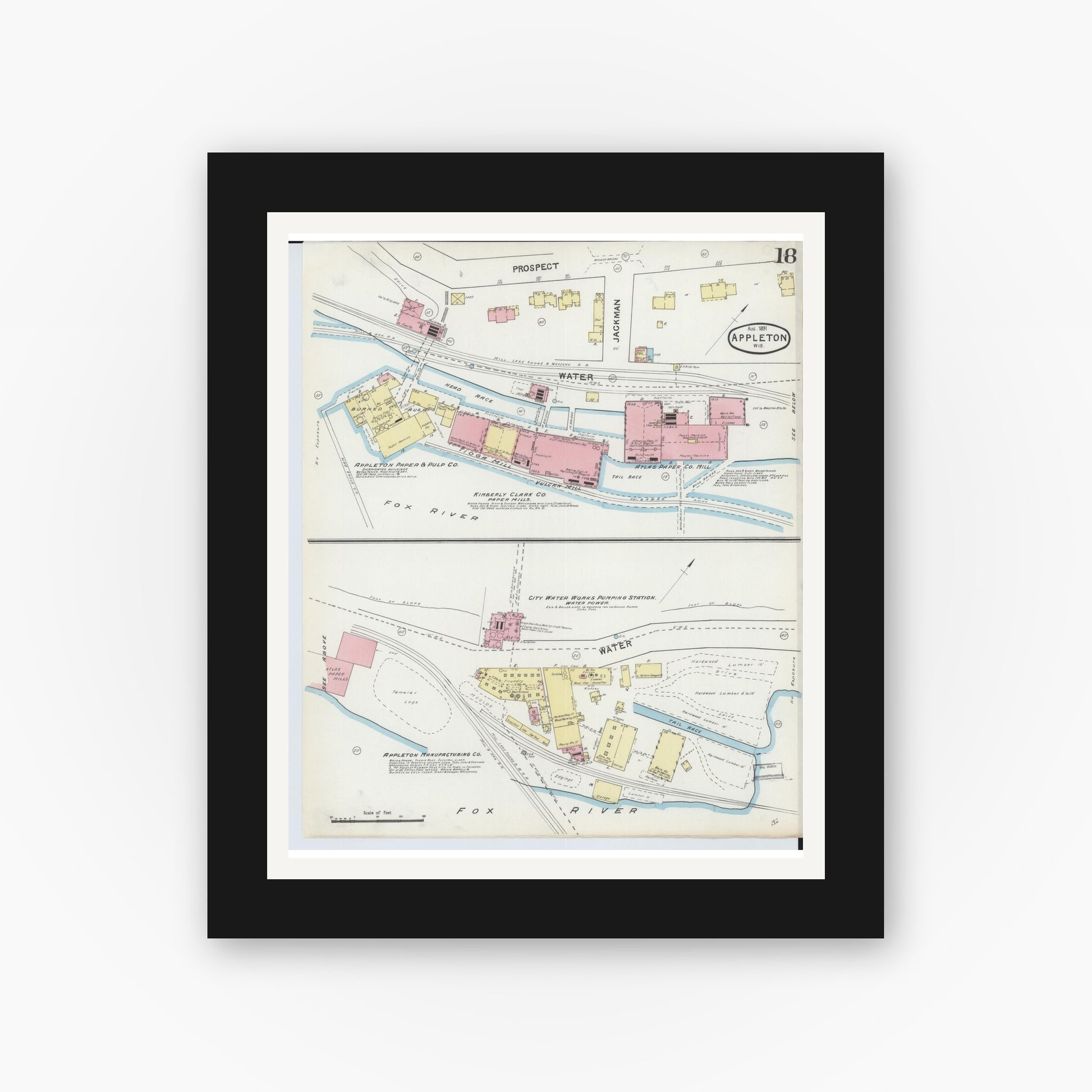 Old map wall art mockup — black gallery frame with white mat — Sanborn Fire Insurance Map from Appleton, Outagamie County, Wisconsin (1891), Sheet #0018