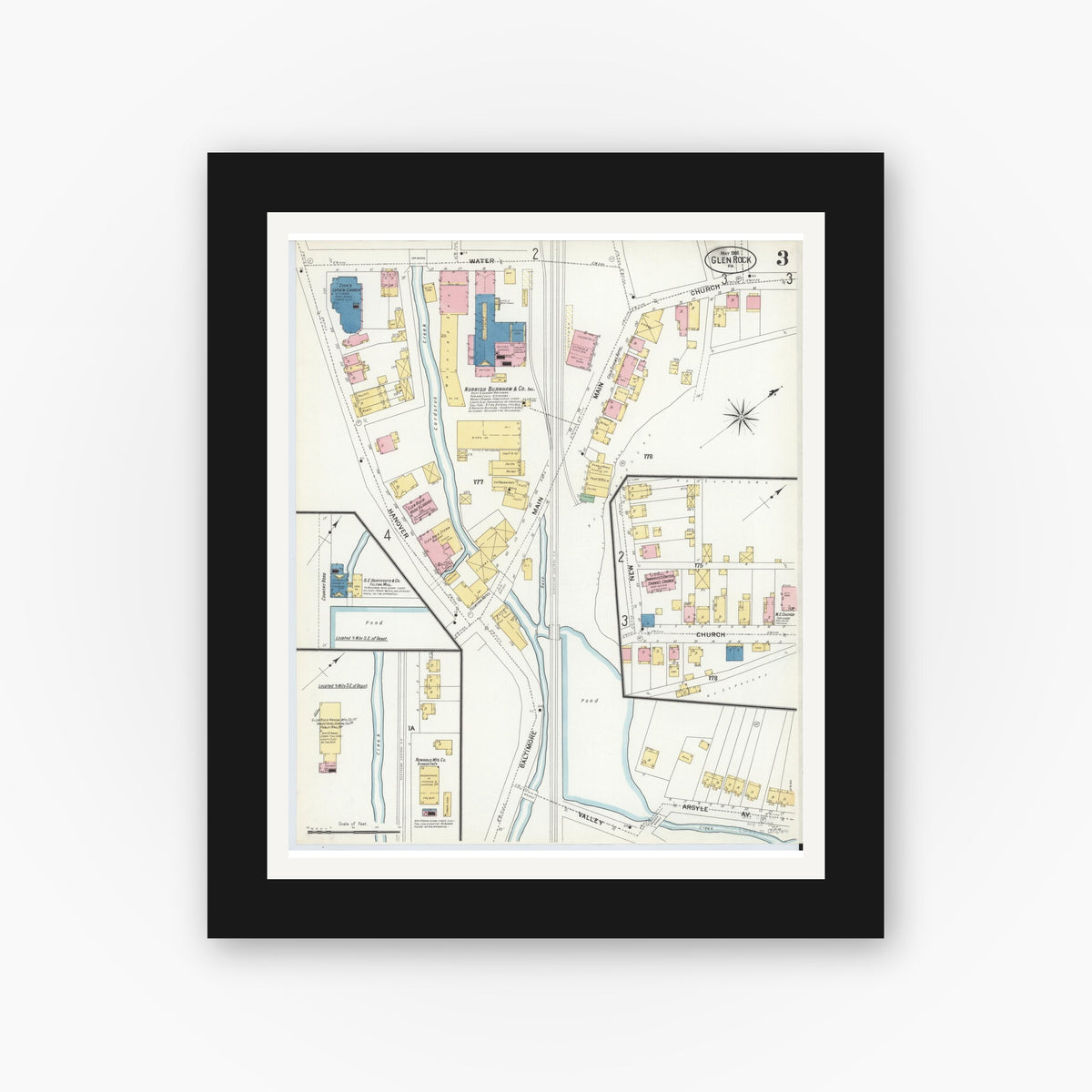 Old map wall art mockup — black gallery frame with white mat — Sanborn Fire Insurance Map from Glen Rock, York County, Pennsylvania (1908), Sheet #0003