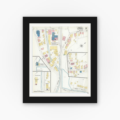 Old map wall art mockup — black gallery frame with white mat — Sanborn Fire Insurance Map from Glen Rock, York County, Pennsylvania (1908), Sheet #0003