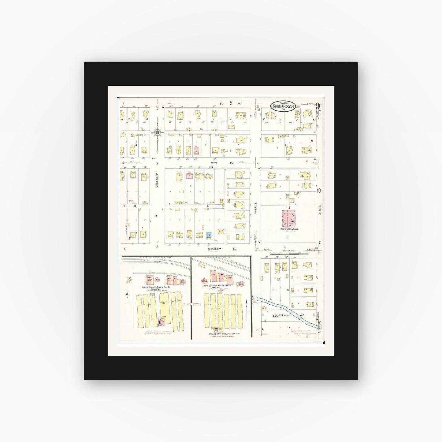 Old map wall art mockup — black gallery frame with white mat — Sanborn Fire Insurance Map from Shenandoah, Page County, Iowa (1914), Sheet #0009