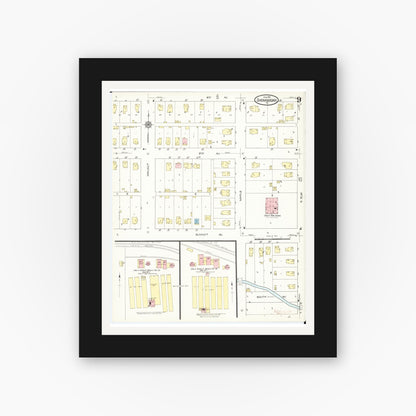 Old map wall art mockup — black gallery frame with white mat — Sanborn Fire Insurance Map from Shenandoah, Page County, Iowa (1914), Sheet #0009
