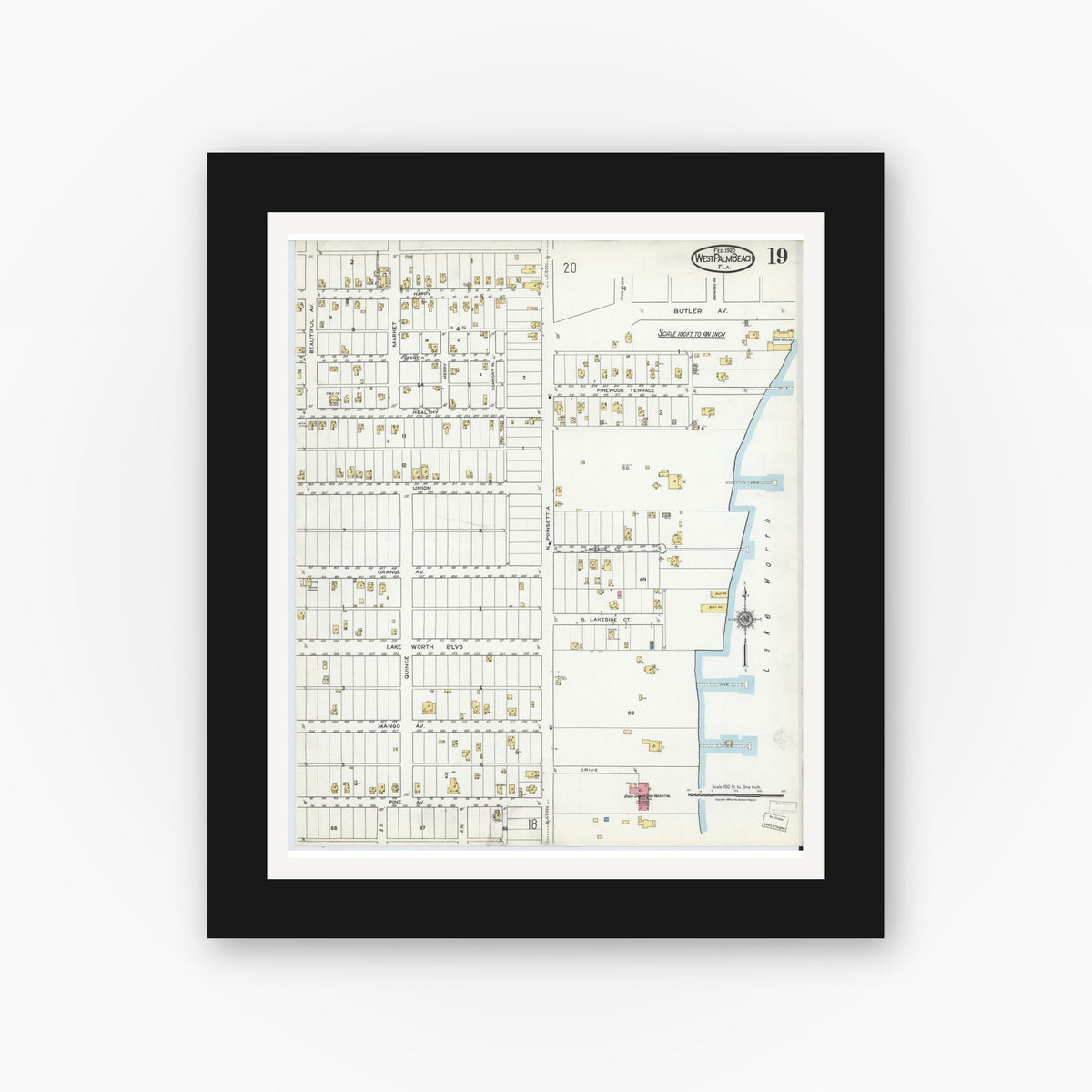 Old map wall art mockup — black gallery frame with white mat — Sanborn Fire Insurance Map from West Palm Beach, Dade County, Florida (1920), Sheet #0019