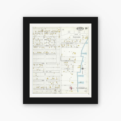 Old map wall art mockup — black gallery frame with white mat — Sanborn Fire Insurance Map from West Palm Beach, Dade County, Florida (1920), Sheet #0019