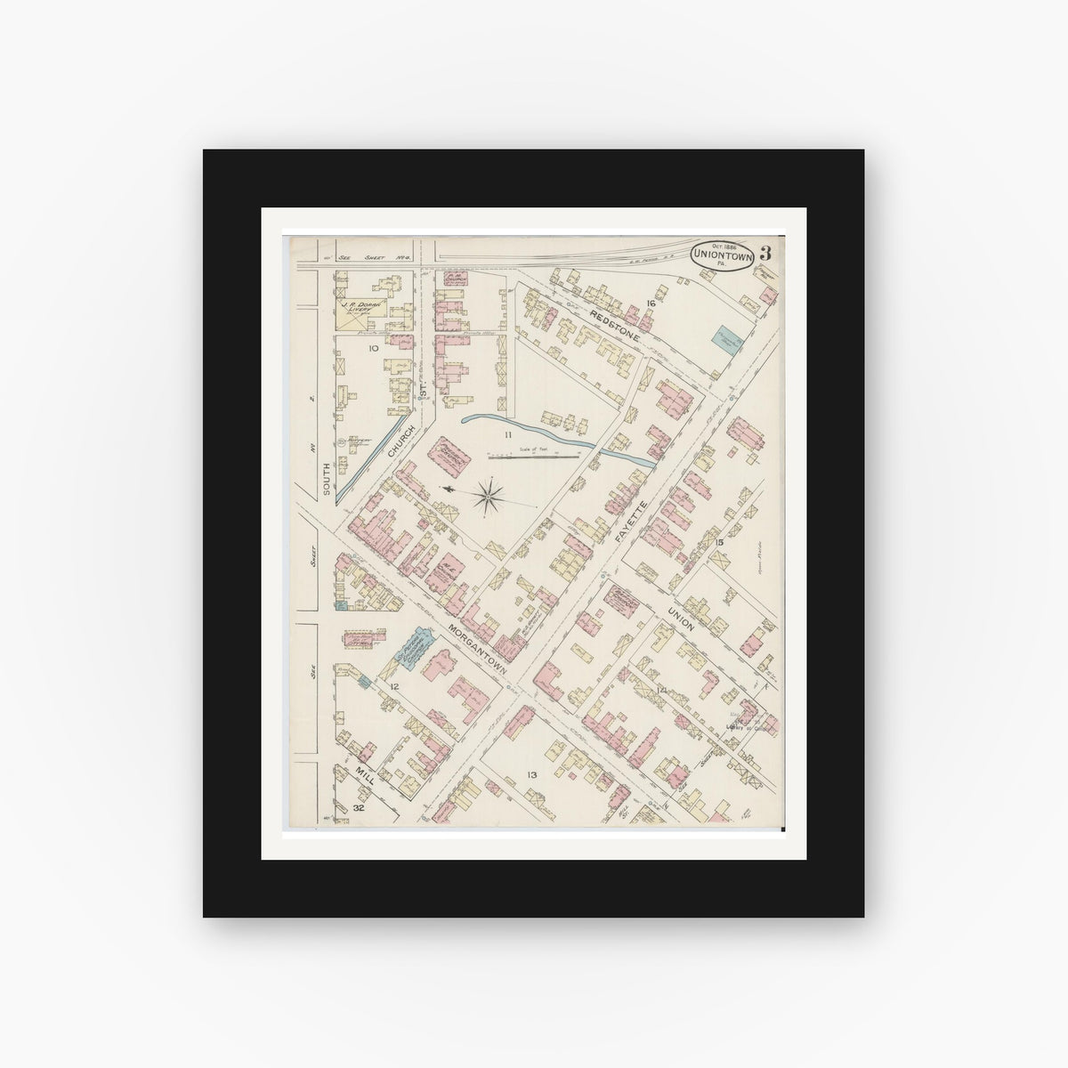 Old map wall art mockup — black gallery frame with white mat — Sanborn Fire Insurance Map from Uniontown, Fayette County, Pennsylvania (1886), Sheet #0003