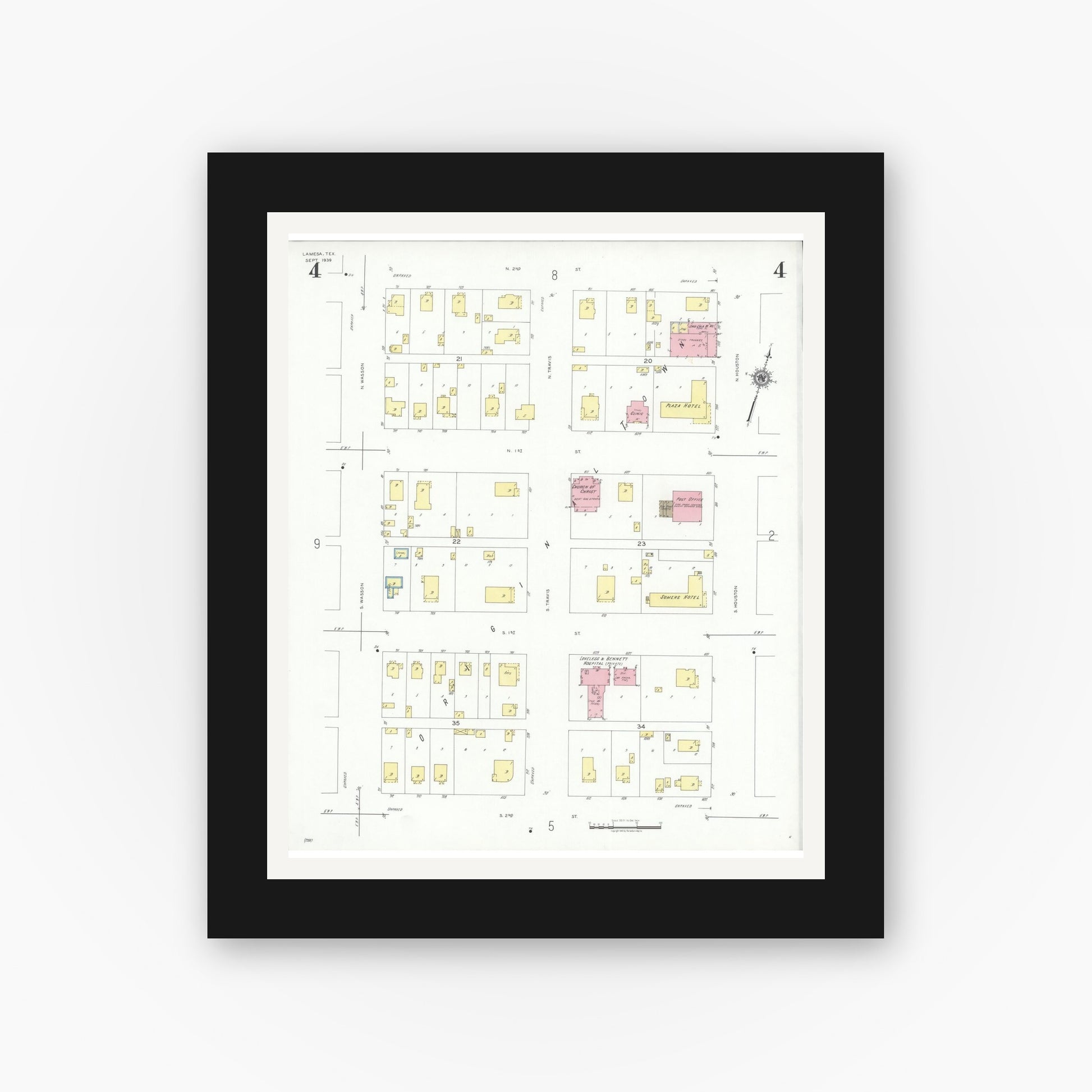 Old map wall art mockup — black gallery frame with white mat — Sanborn Fire Insurance Map from Lamesa, Dawson County, Texas (1939), Sheet #0004