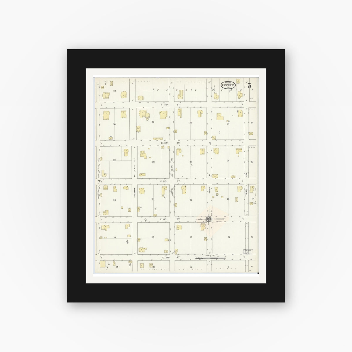 Old map wall art mockup — black gallery frame with white mat — Sanborn Fire Insurance Map from Cooper, Delta County, Texas (1914), Sheet #0005