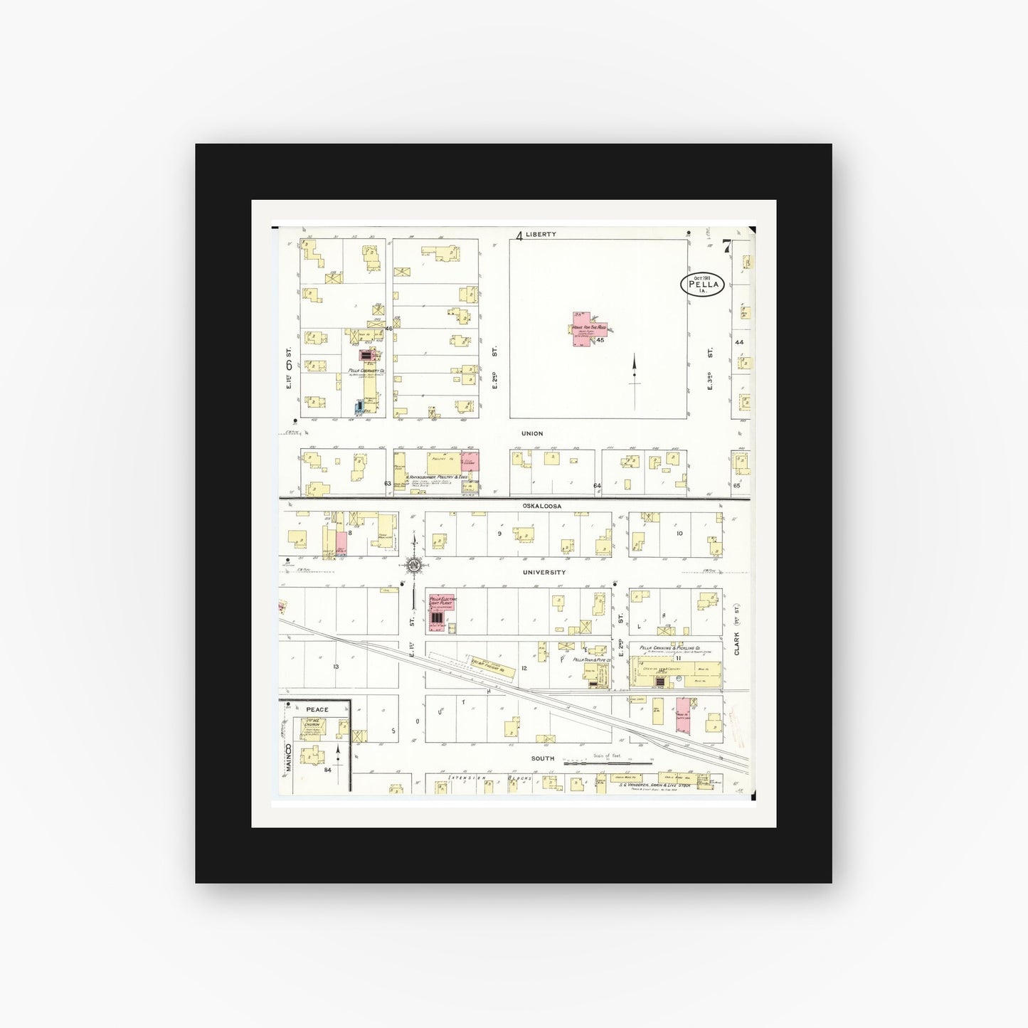 Old map wall art mockup — black gallery frame with white mat — Sanborn Fire Insurance Map from Pella, Marion County, Iowa (1911), Sheet #0007