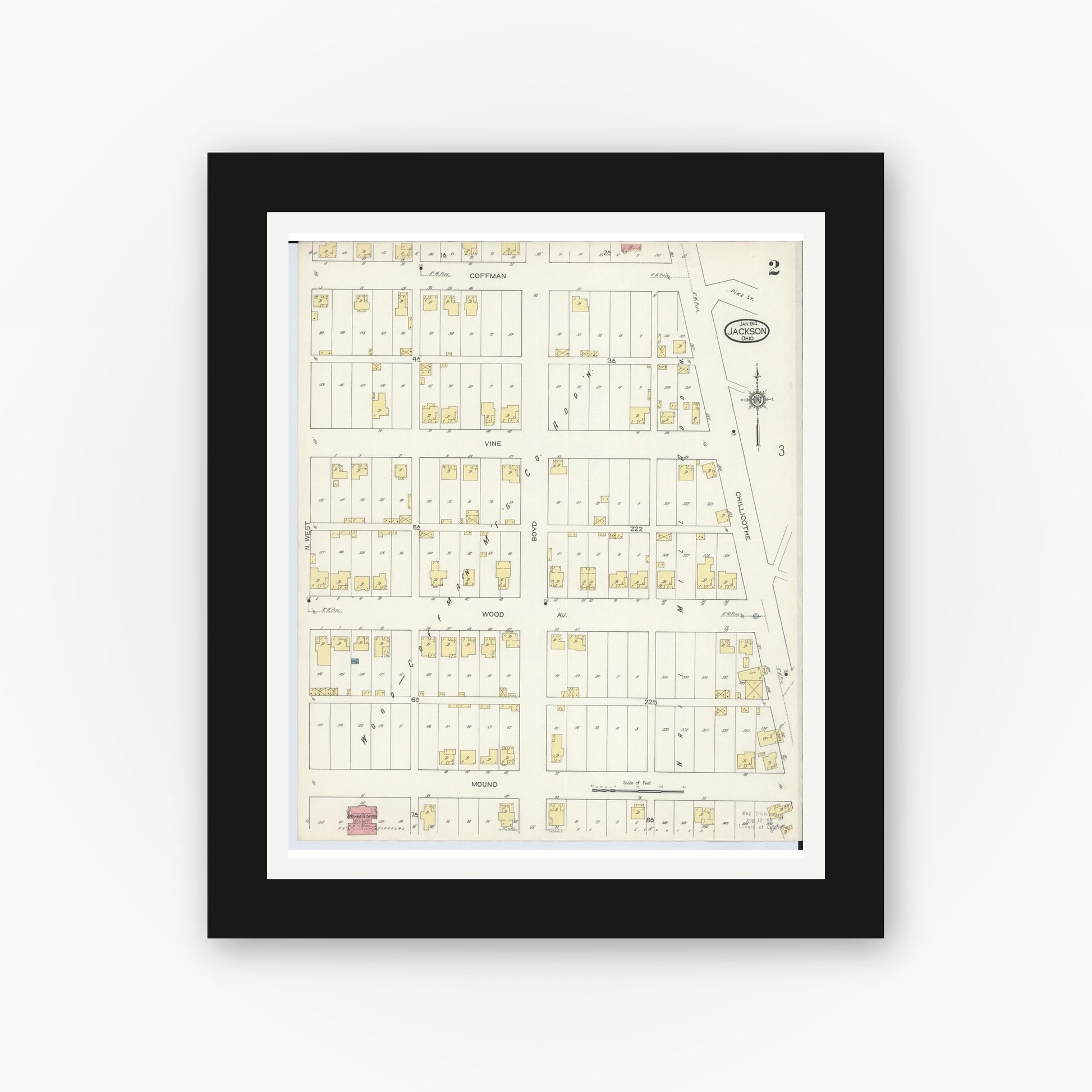 Old map wall art mockup — black gallery frame with white mat — Sanborn Fire Insurance Map from Jackson, Jackson County, Ohio (1914), Sheet #0002