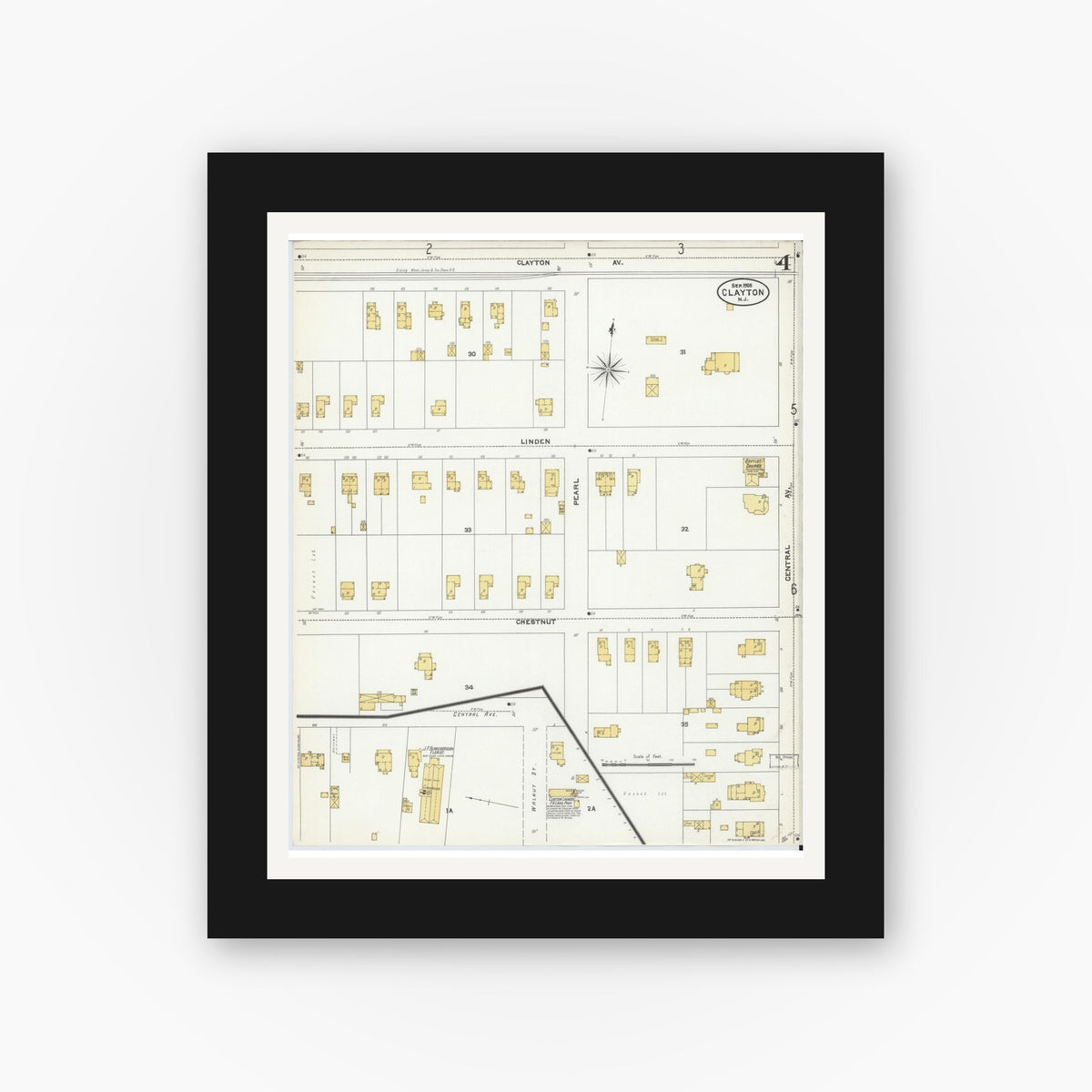 Old map wall art mockup — black gallery frame with white mat — Sanborn Fire Insurance Map from Clayton, Gloucester County, New Jersey (1905), Sheet #0004