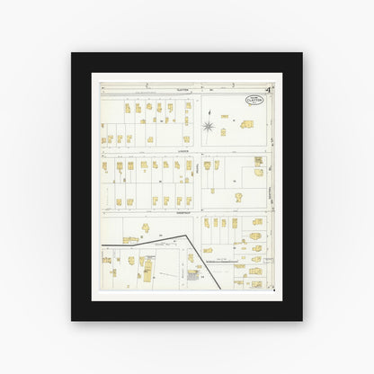 Old map wall art mockup — black gallery frame with white mat — Sanborn Fire Insurance Map from Clayton, Gloucester County, New Jersey (1905), Sheet #0004