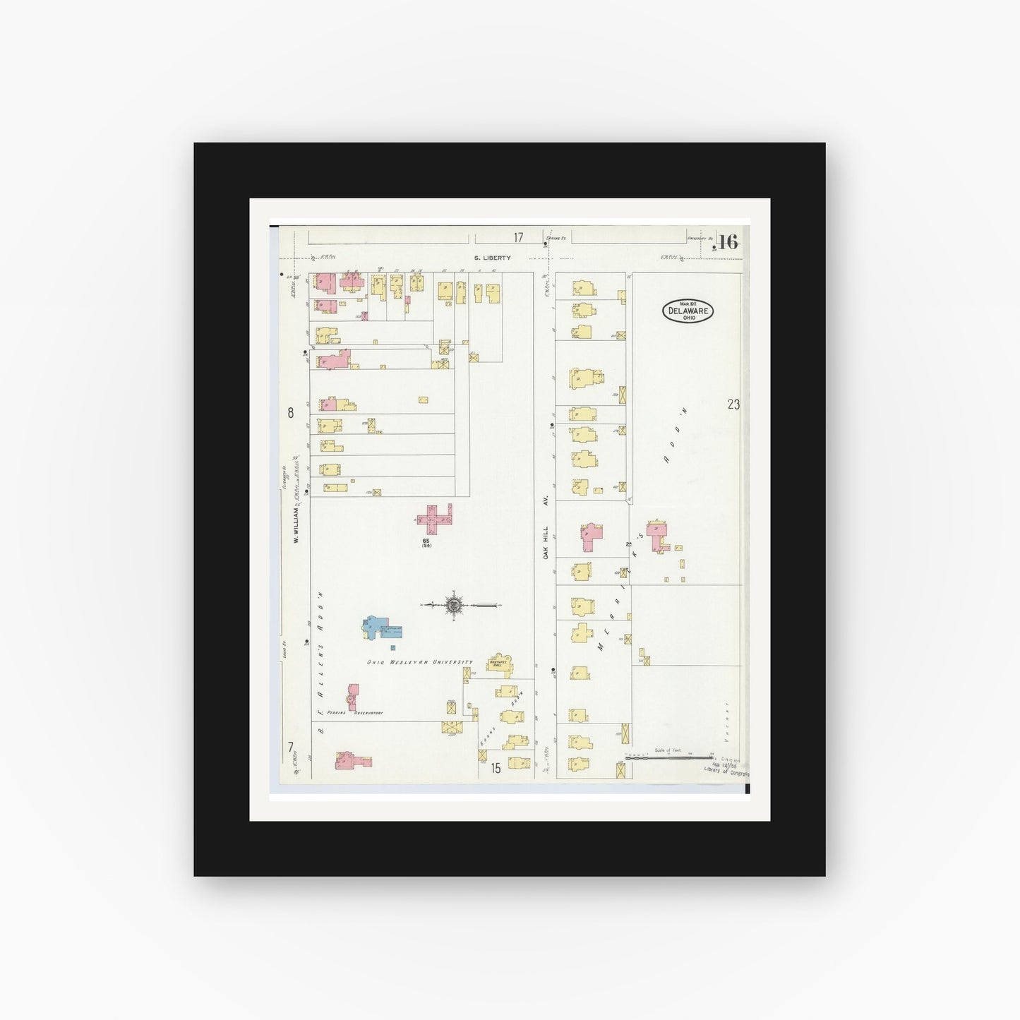 Old map wall art mockup — black gallery frame with white mat — Sanborn Fire Insurance Map from Delaware, Delaware County, Ohio (1911), Sheet #0016