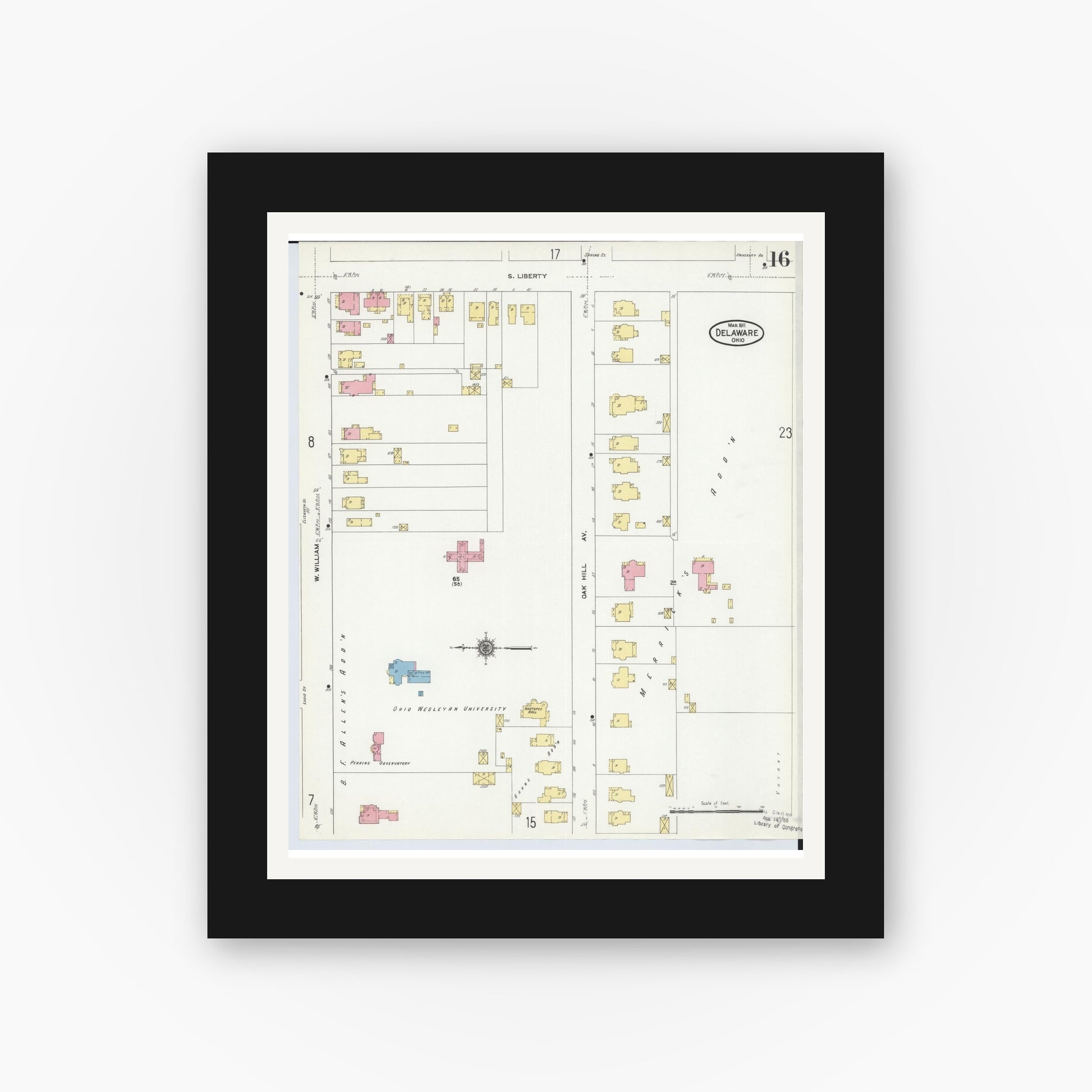 Old map wall art mockup — black gallery frame with white mat — Sanborn Fire Insurance Map from Delaware, Delaware County, Ohio (1911), Sheet #0016