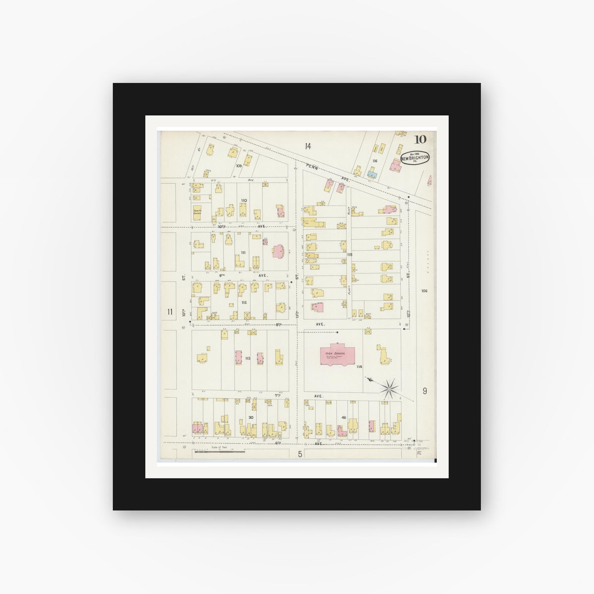 Old map wall art mockup — black gallery frame with white mat — Sanborn Fire Insurance Map from New Brighton, Beaver County, Pennsylvania (1896), Sheet #0010