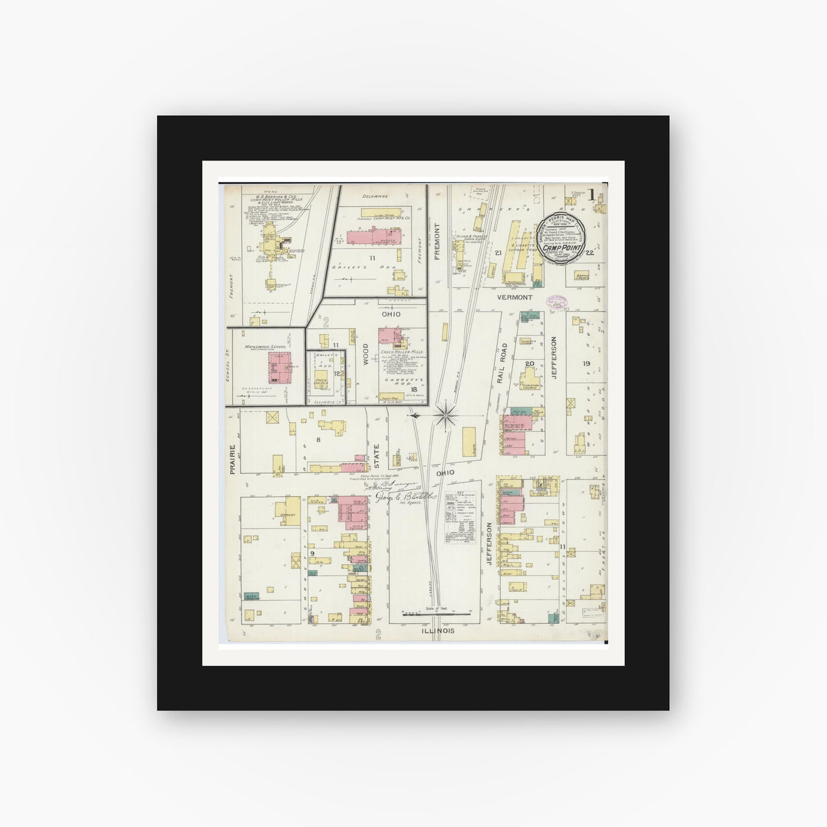 Old map wall art mockup — black gallery frame with white mat — Sanborn Fire Insurance Map from Camp Point, Adams County, Illinois (1893), Sheet #0001
