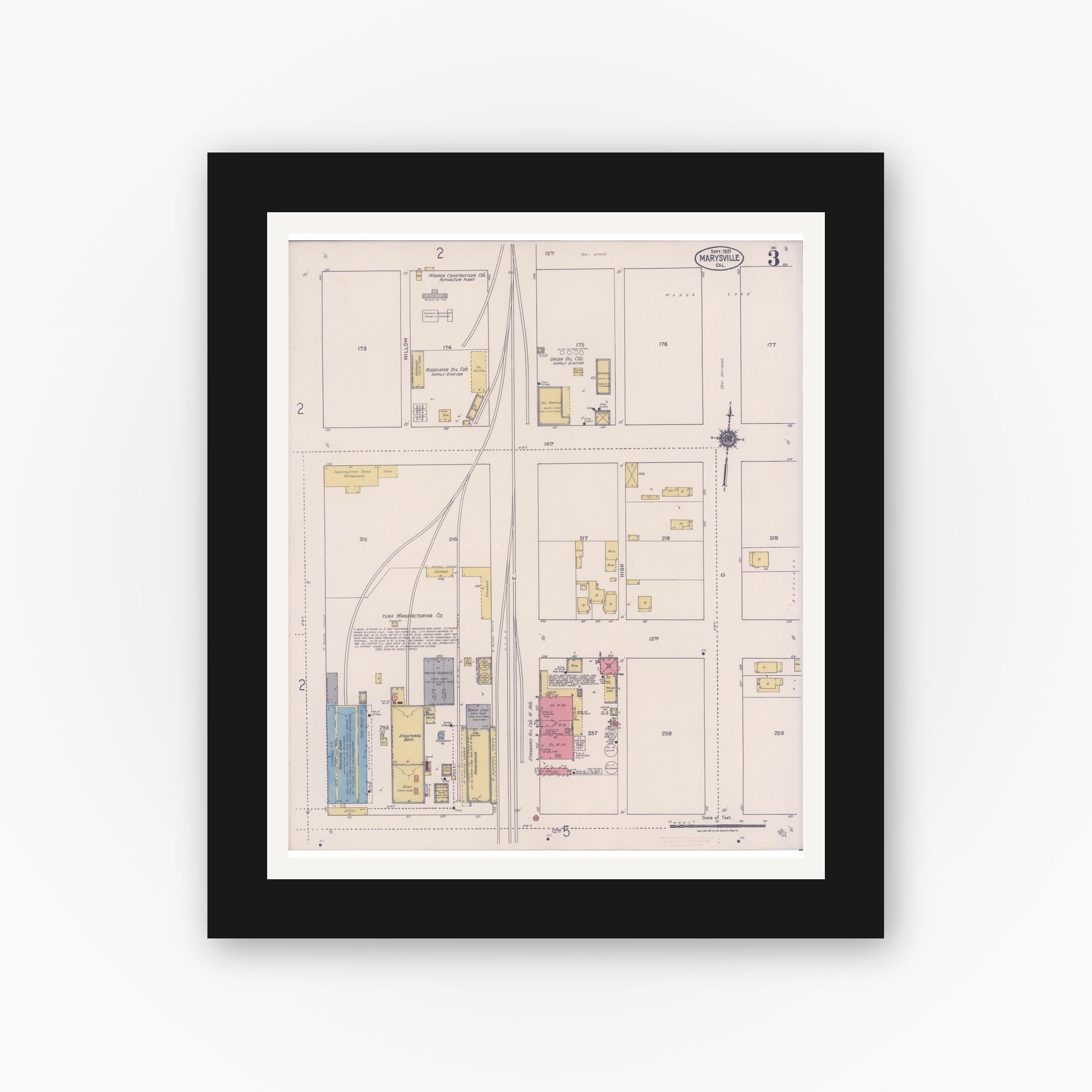 Old map wall art mockup — black gallery frame with white mat — Sanborn Fire Insurance Map from Marysville, Yuba County, California (1921), Sheet #0003