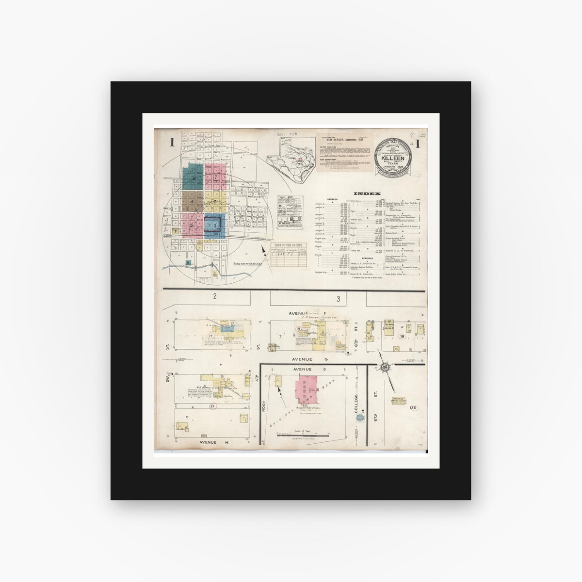 Old map wall art mockup — black gallery frame with white mat — Sanborn Fire Insurance Map from Killeen, Bell County, Texas (1937) - Complete Map Set