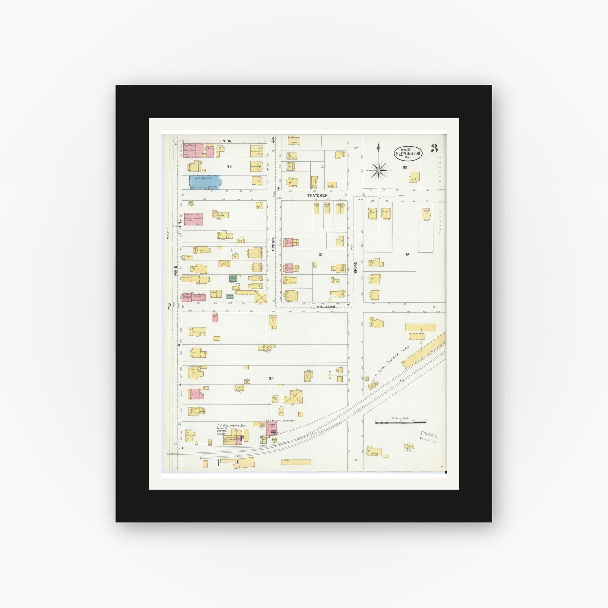 Old map wall art mockup — black gallery frame with white mat — Sanborn Fire Insurance Map from Flemington, Hunterdon County, New Jersey (1902), Sheet #0003