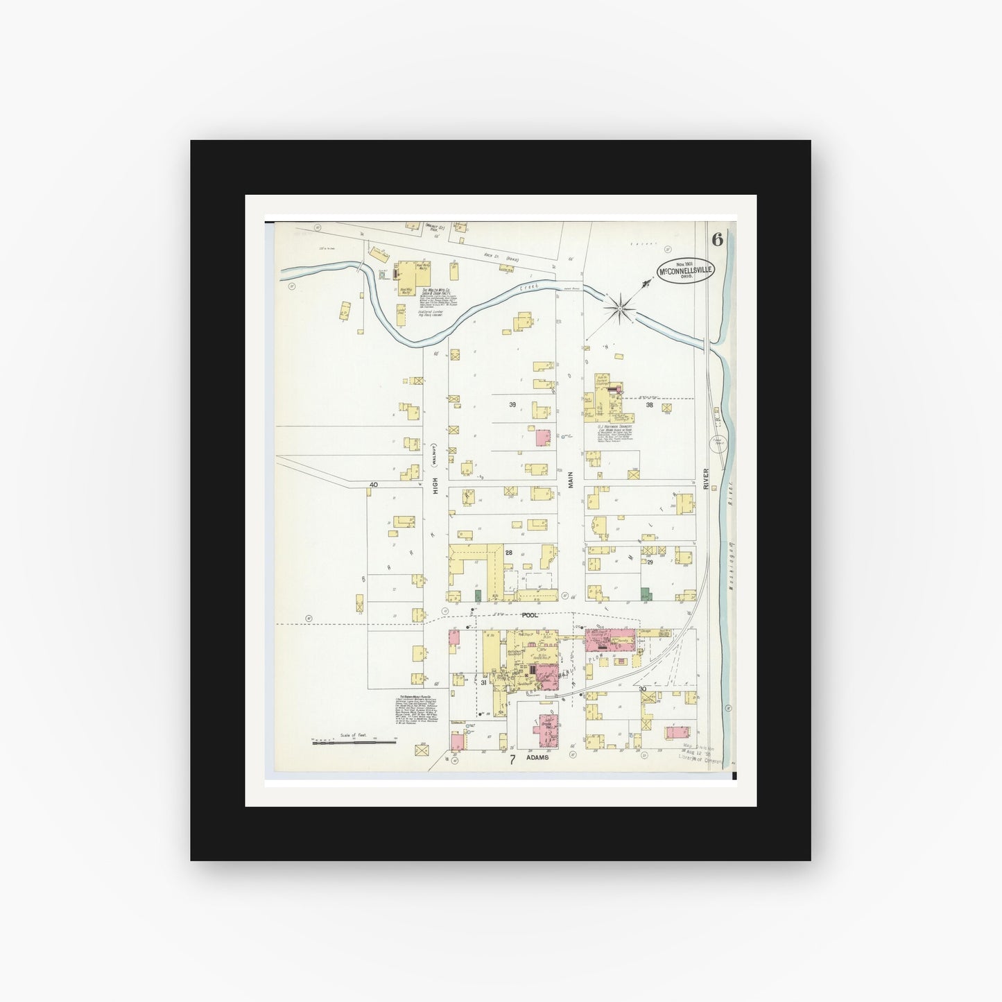 Old map wall art mockup — black gallery frame with white mat — Sanborn Fire Insurance Map from McConnelsville, Morgan County, Ohio (1901), Sheet #0006
