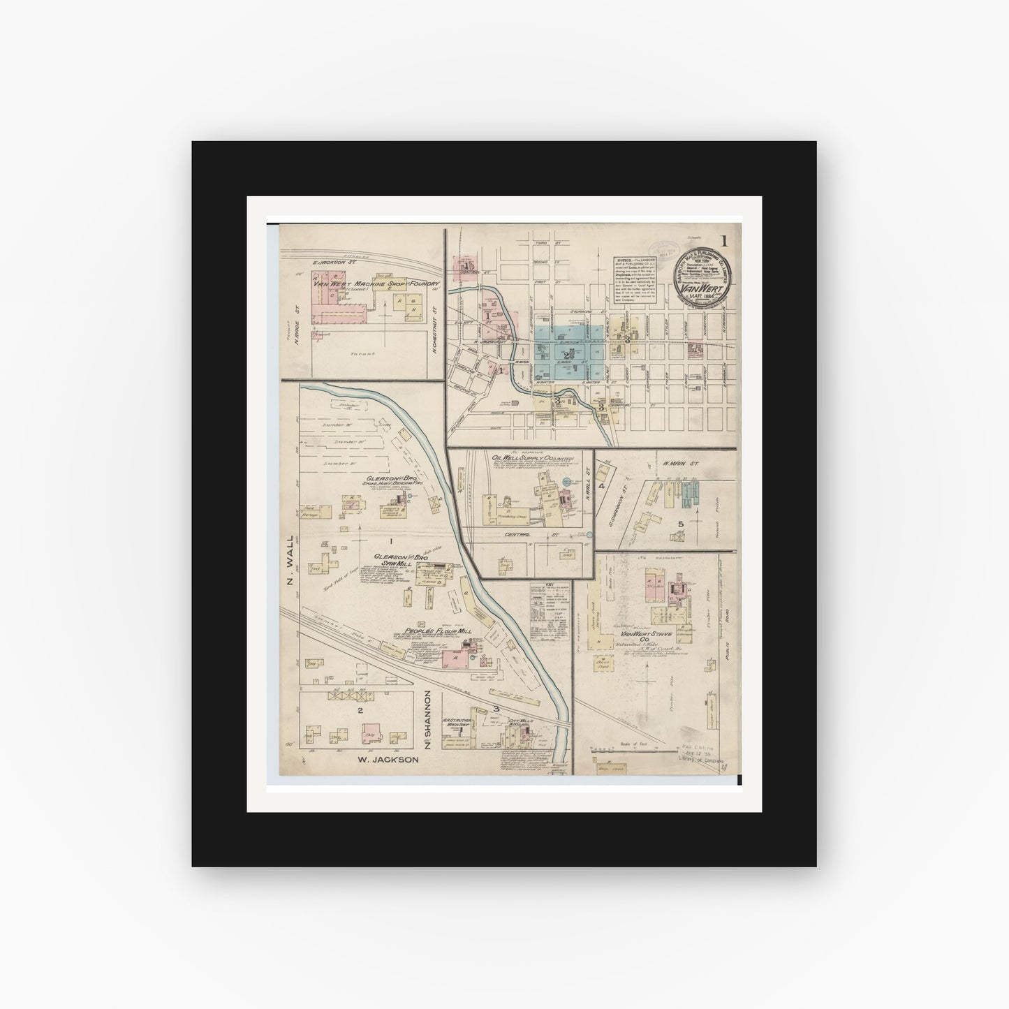 Old map wall art mockup — black gallery frame with white mat — Sanborn Fire Insurance Map from Van Wert, Van Wert County, Ohio (1884) - Complete Map Set