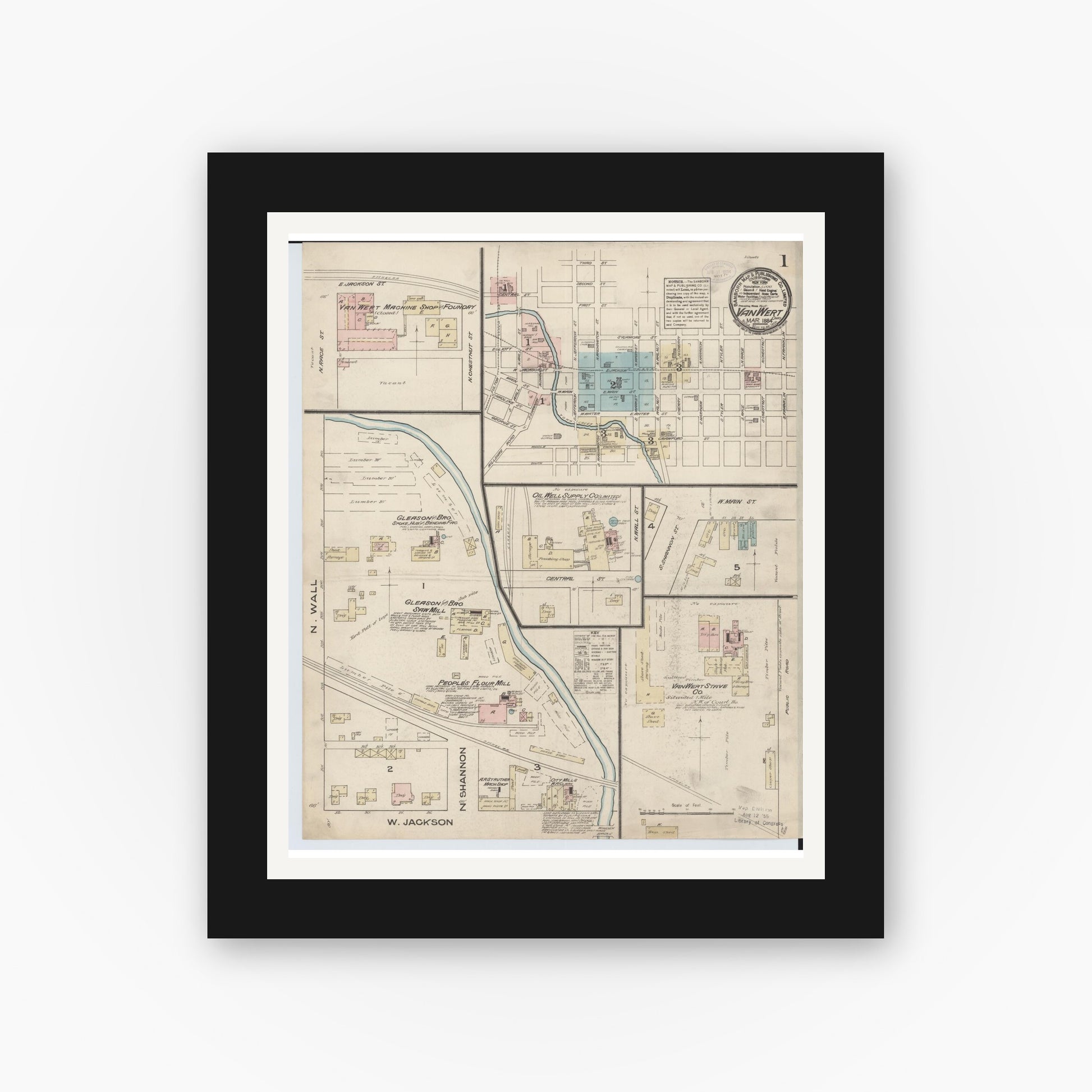 Old map wall art mockup — black gallery frame with white mat — Sanborn Fire Insurance Map from Van Wert, Van Wert County, Ohio (1884) - Complete Map Set