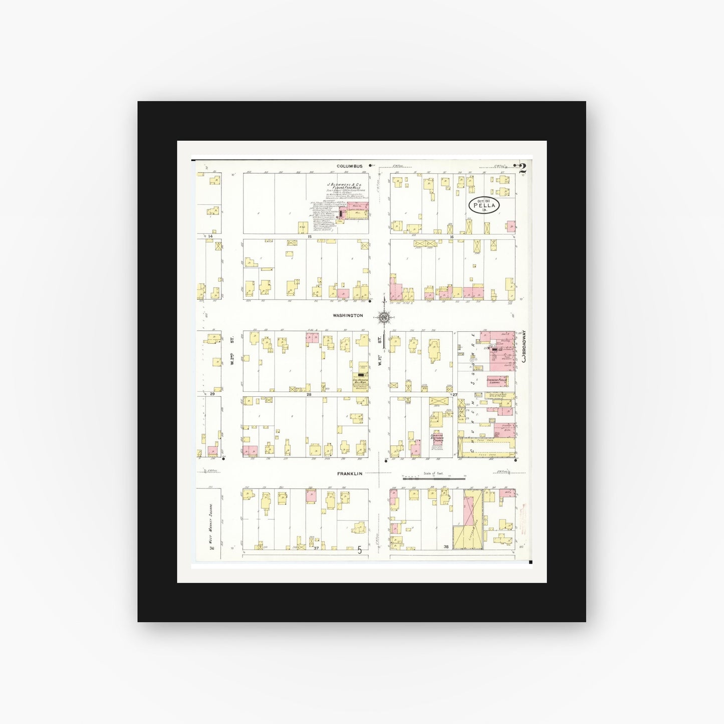 Old map wall art mockup — black gallery frame with white mat — Sanborn Fire Insurance Map from Pella, Marion County, Iowa (1911), Sheet #0002