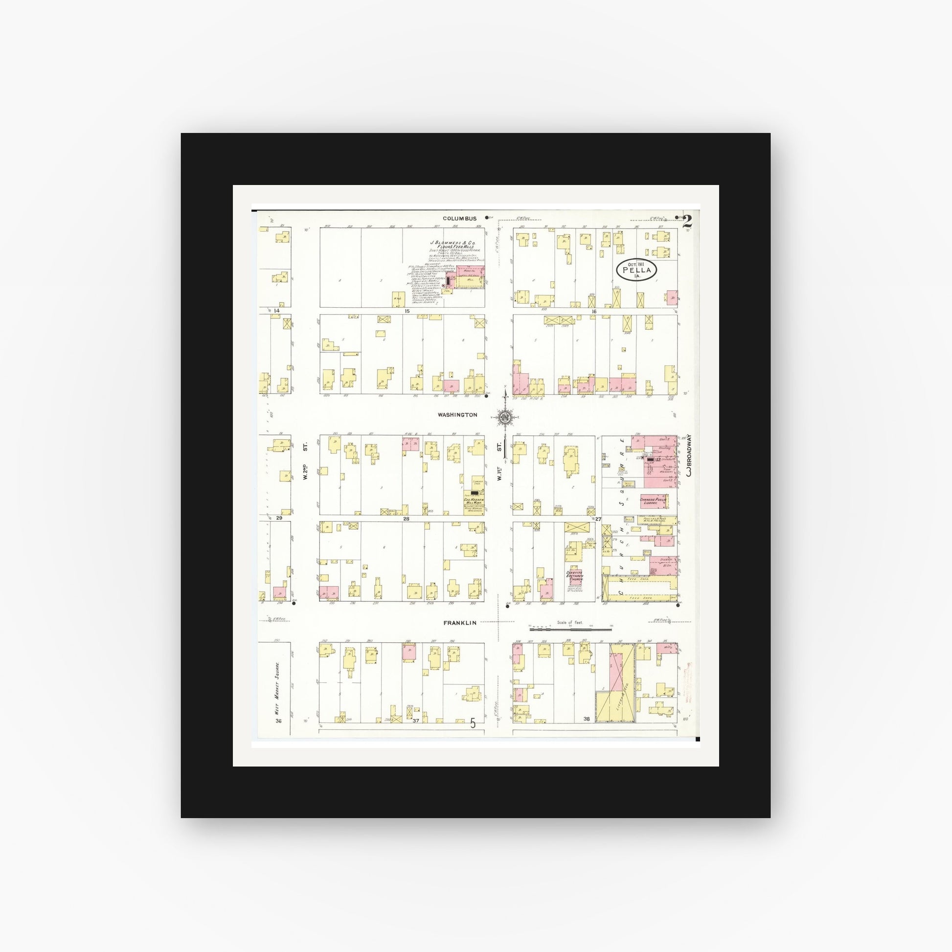 Old map wall art mockup — black gallery frame with white mat — Sanborn Fire Insurance Map from Pella, Marion County, Iowa (1911), Sheet #0002
