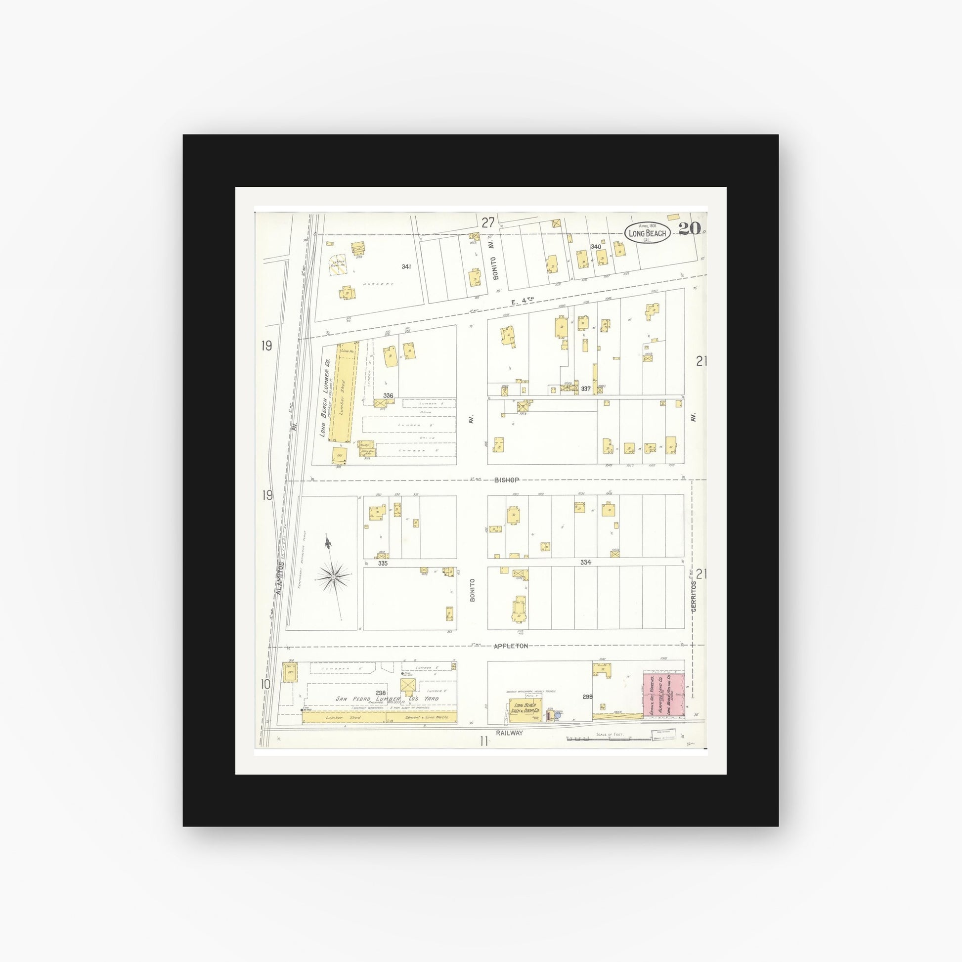 Old map wall art mockup — black gallery frame with white mat — Sanborn Fire Insurance Map from Long Beach, Los Angeles County, California (1905), Sheet #0020