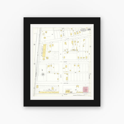 Old map wall art mockup — black gallery frame with white mat — Sanborn Fire Insurance Map from Long Beach, Los Angeles County, California (1905), Sheet #0020
