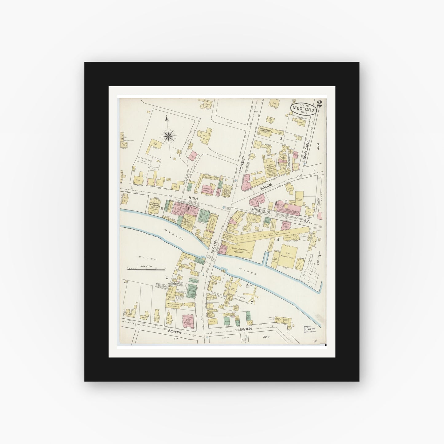 Old map wall art mockup — black gallery frame with white mat — Sanborn Fire Insurance Map from Medford, Middlesex County, Massachusetts (1887), Sheet #0002