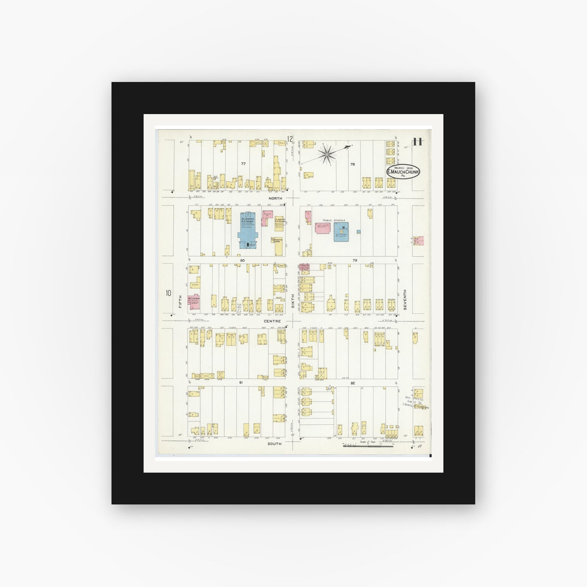 Old map wall art mockup — black gallery frame with white mat — Sanborn Fire Insurance Map from Mauch Chunk, Carbon County, Pennsylvania (1908), Sheet #0011