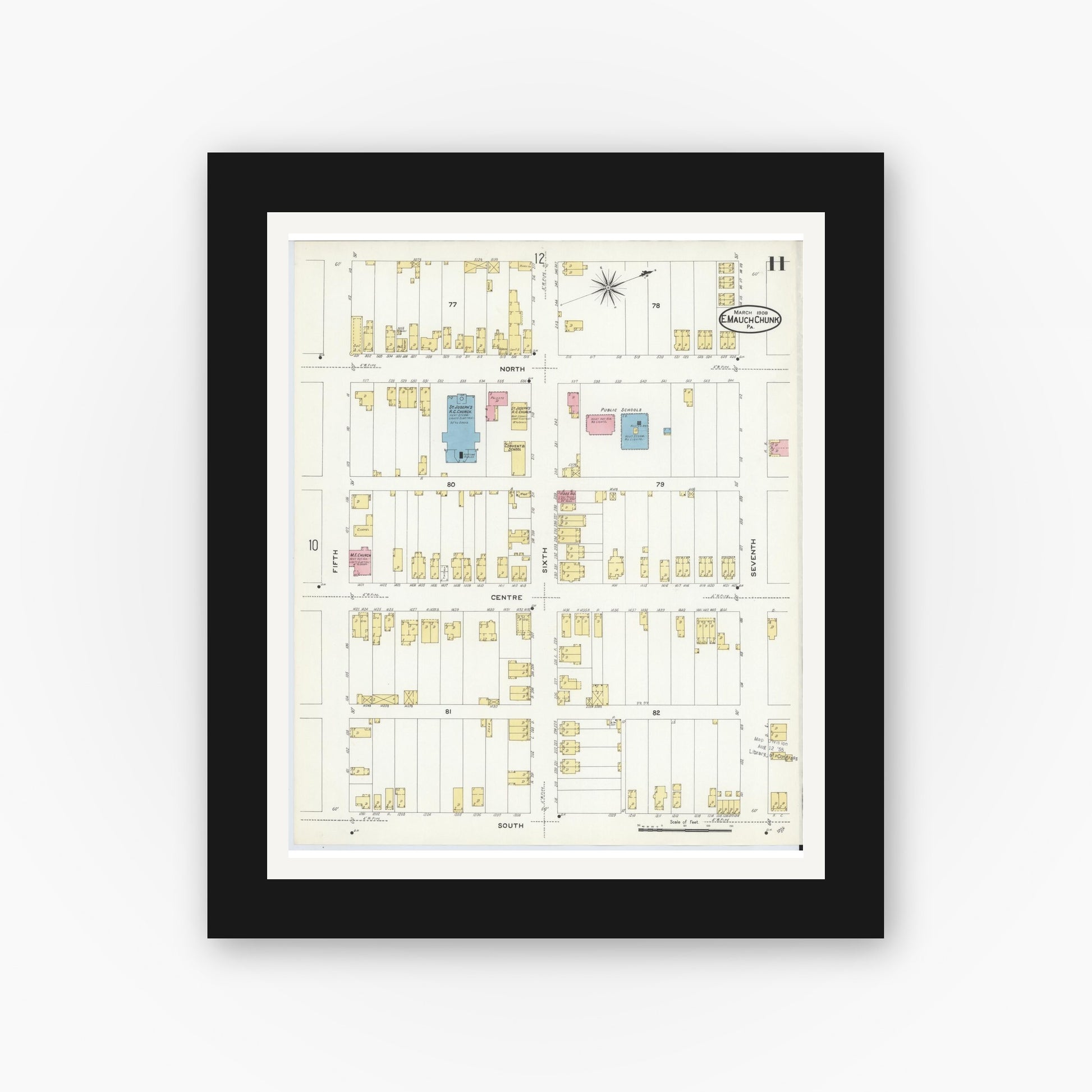 Old map wall art mockup — black gallery frame with white mat — Sanborn Fire Insurance Map from Mauch Chunk, Carbon County, Pennsylvania (1908), Sheet #0011