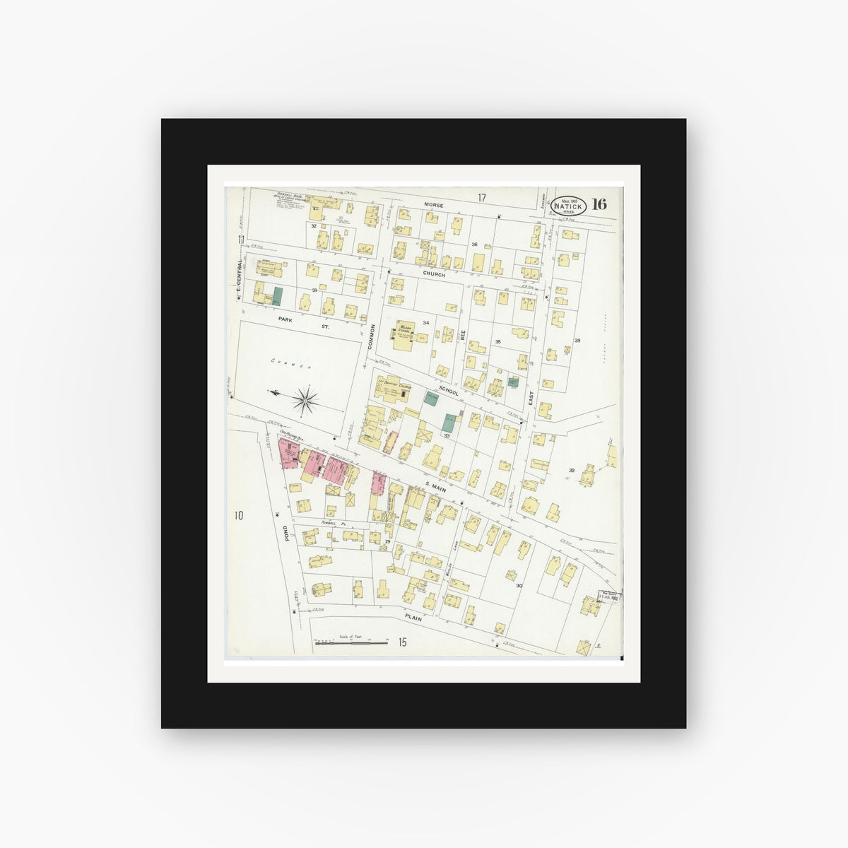 Old map wall art mockup — black gallery frame with white mat — Sanborn Fire Insurance Map from Natick, Middlesex County, Massachusetts (1909), Sheet #0016