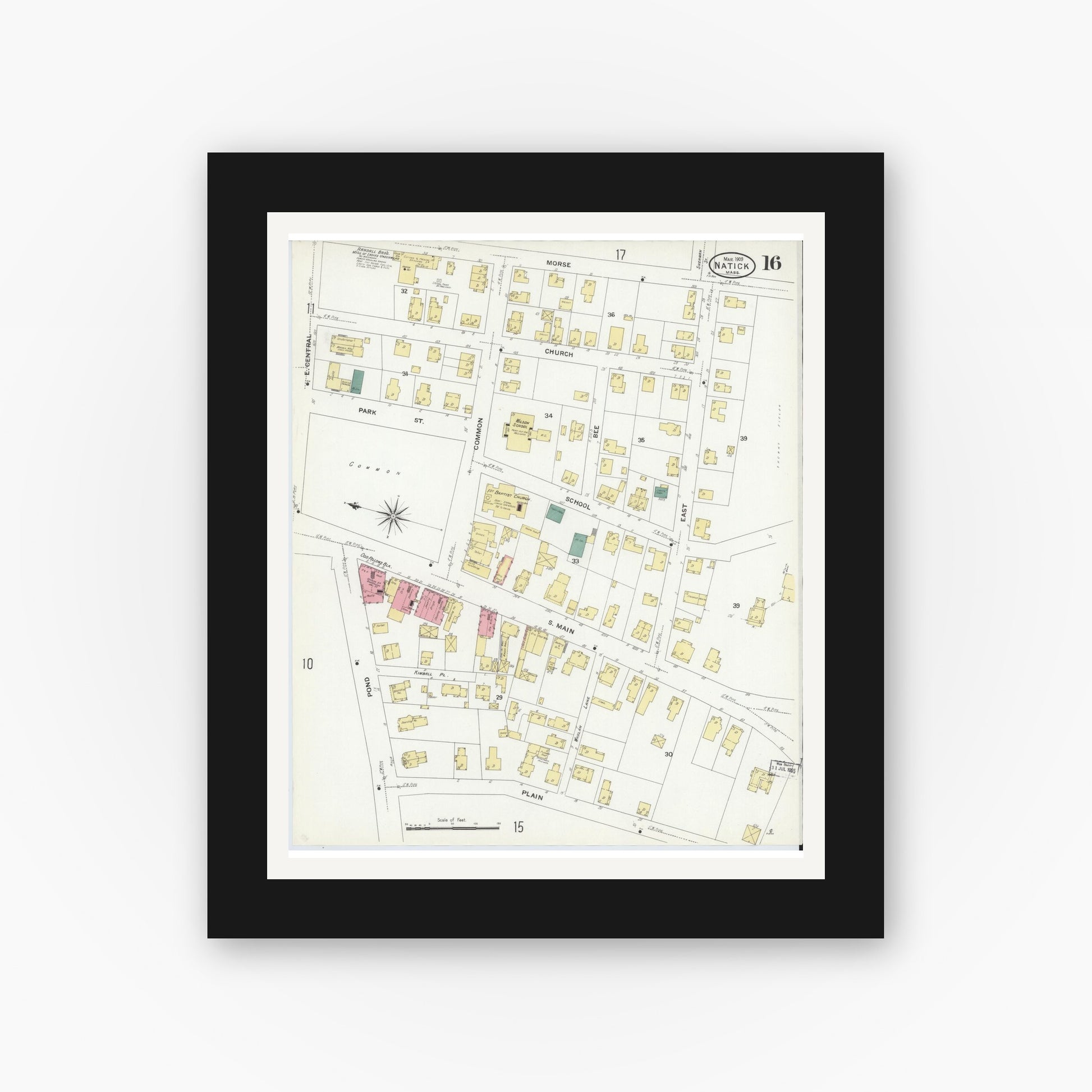 Old map wall art mockup — black gallery frame with white mat — Sanborn Fire Insurance Map from Natick, Middlesex County, Massachusetts (1909), Sheet #0016
