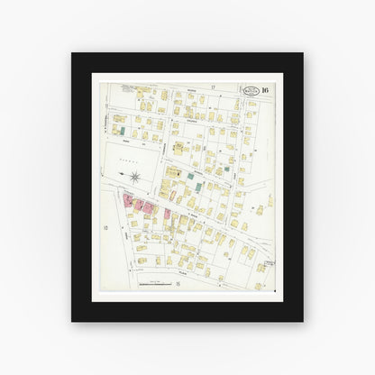 Old map wall art mockup — black gallery frame with white mat — Sanborn Fire Insurance Map from Natick, Middlesex County, Massachusetts (1909), Sheet #0016