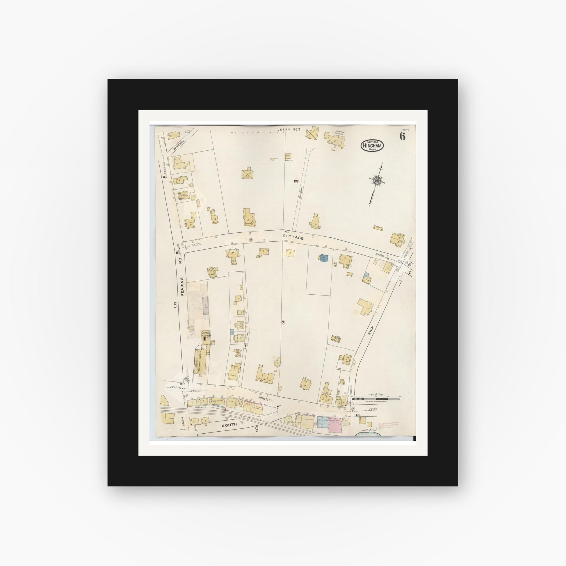 Old map wall art mockup — black gallery frame with white mat — Sanborn Fire Insurance Map from Hingham, Plymouth County, Massachusetts (1948), Sheet #0006