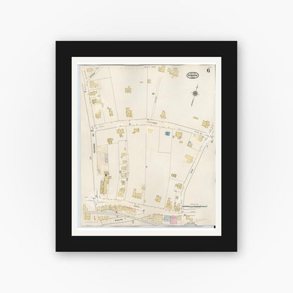 Old map wall art mockup — black gallery frame with white mat — Sanborn Fire Insurance Map from Hingham, Plymouth County, Massachusetts (1948), Sheet #0006