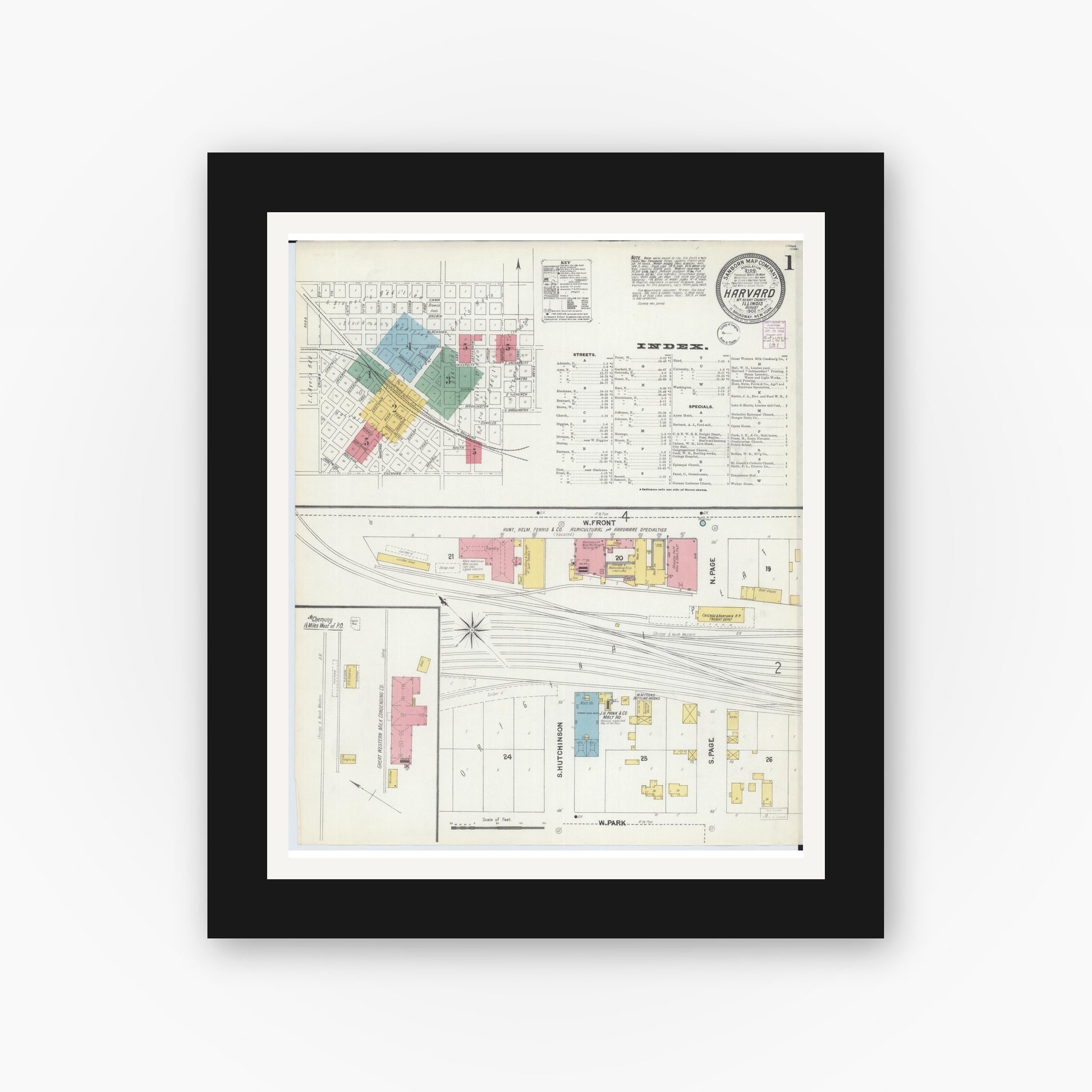 Old map wall art mockup — black gallery frame with white mat — Sanborn Fire Insurance Map from Harvard, McHenry County, Illinois (1902), Sheet #0001