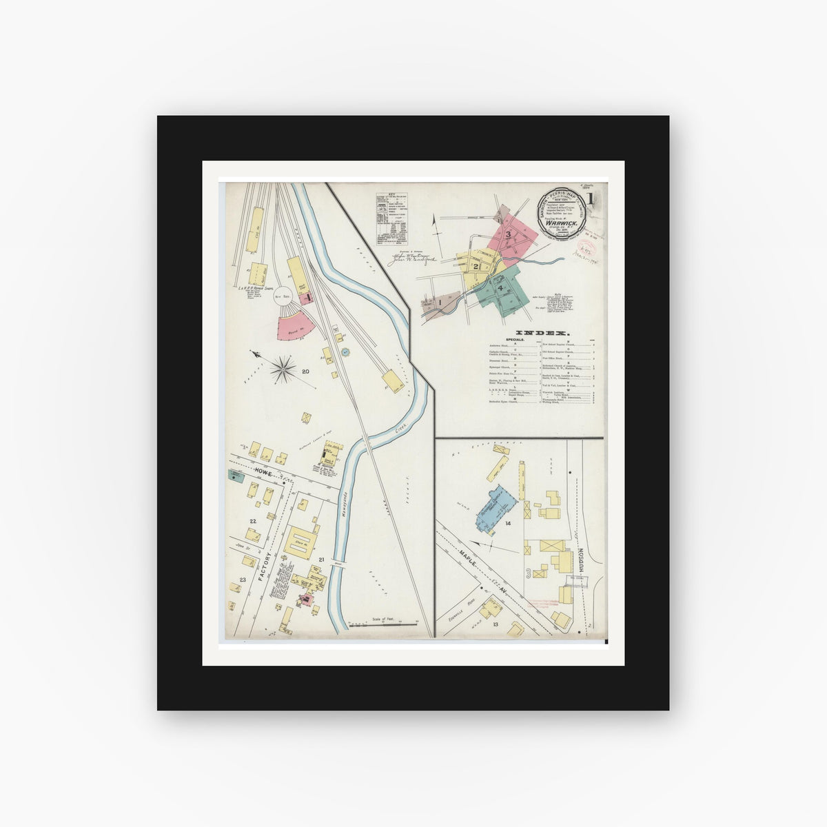 Old map wall art mockup — black gallery frame with white mat — Sanborn Fire Insurance Map from Warwick, Orange County, New York (1894) - Complete Map Set