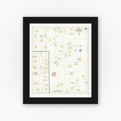 Old map wall art mockup — black gallery frame with white mat — Sanborn Fire Insurance Map from Gainesville, Cooke County, Texas (1908), Sheet #0021
