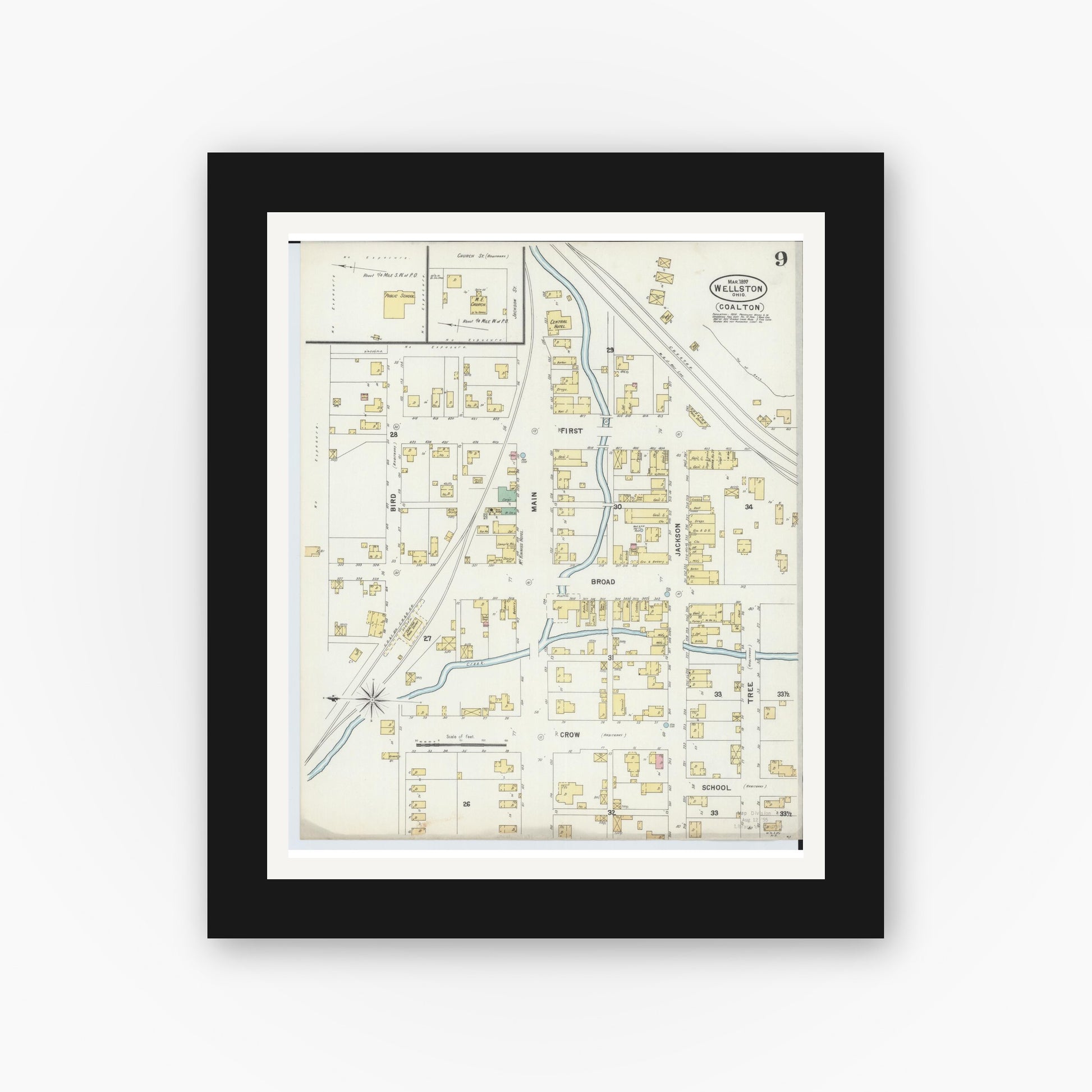 Old map wall art mockup — black gallery frame with white mat — Sanborn Fire Insurance Map from Wellston, Jackson County, Ohio (1897), Sheet #0009
