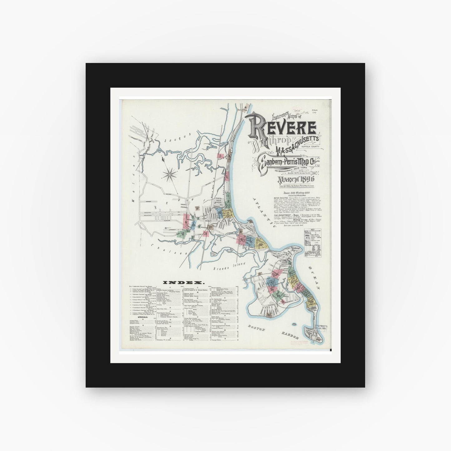 Old map wall art mockup — black gallery frame with white mat — Sanborn Fire Insurance Map from Revere, Suffolk County, Massachusetts (1896), Sheet #0001
