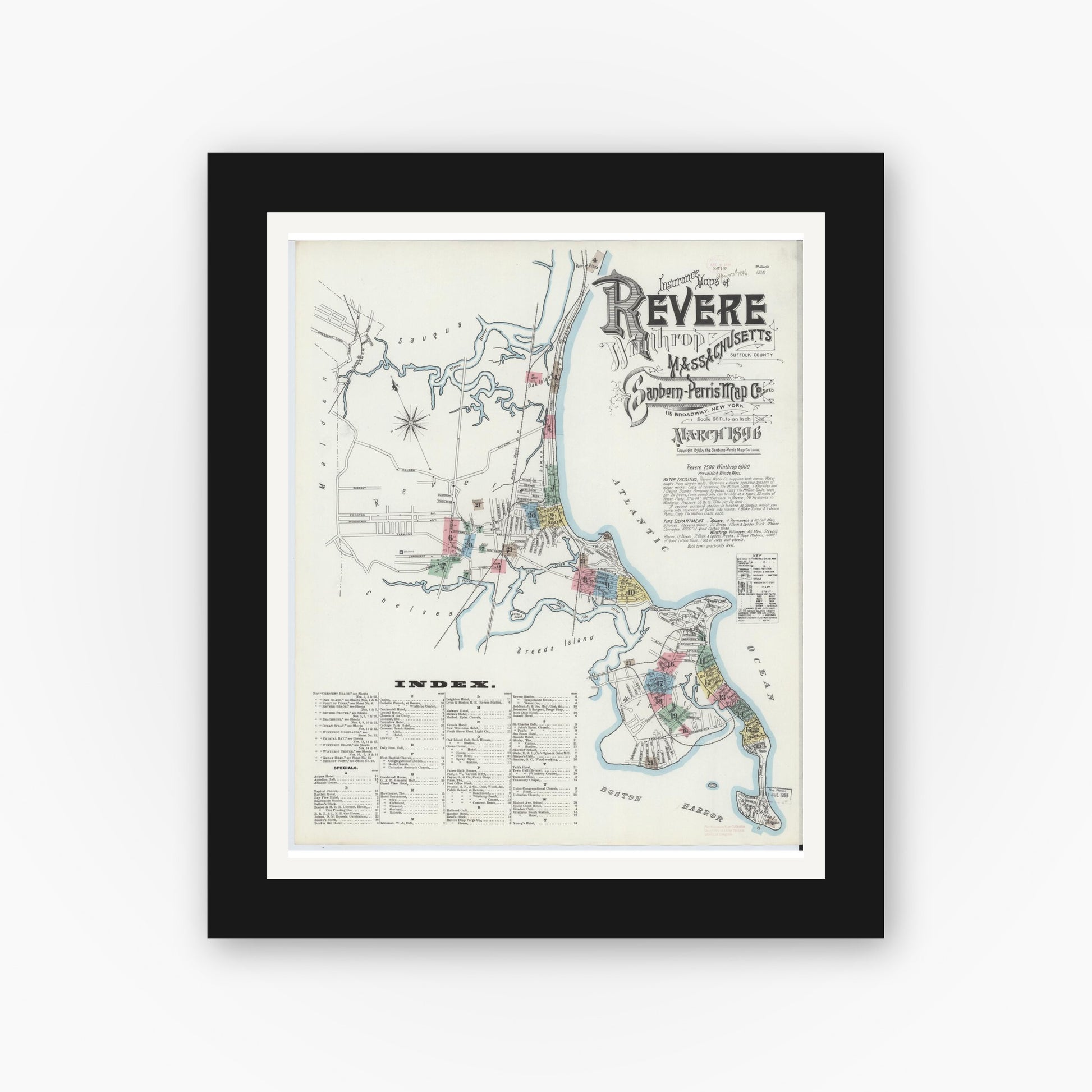 Old map wall art mockup — black gallery frame with white mat — Sanborn Fire Insurance Map from Revere, Suffolk County, Massachusetts (1896), Sheet #0001