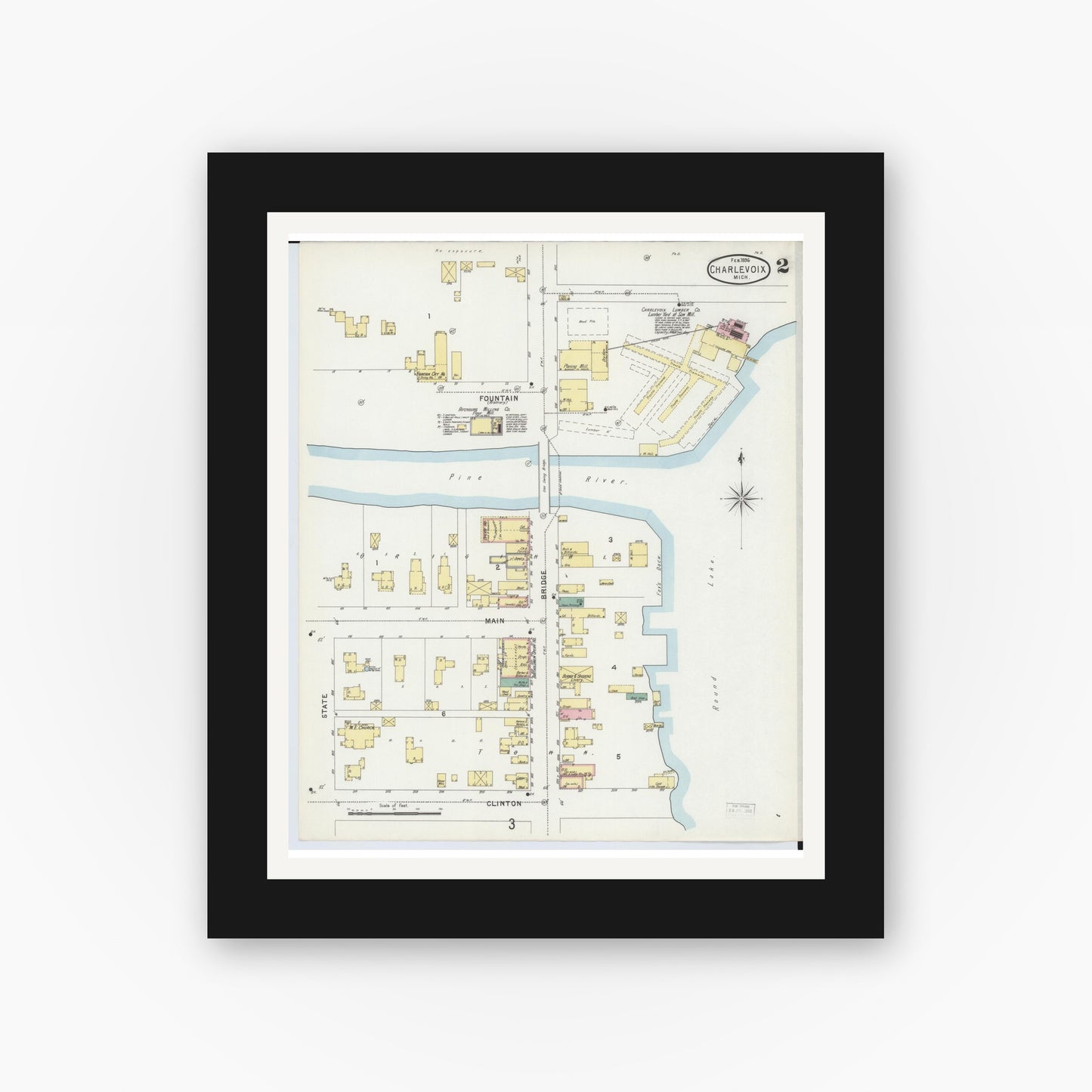 Old map wall art mockup — black gallery frame with white mat — Sanborn Fire Insurance Map from Charlevoix, Charlevoix County, Michigan (1896), Sheet #0002