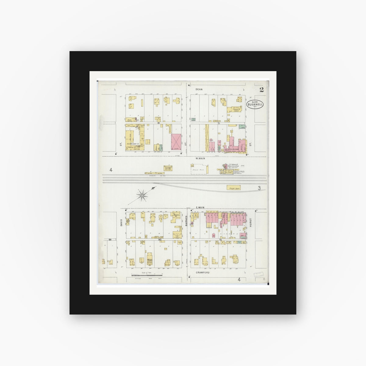 Old map wall art mockup — black gallery frame with white mat — Sanborn Fire Insurance Map from Bushnell, Mcdonough County, Illinois (1898), Sheet #0002