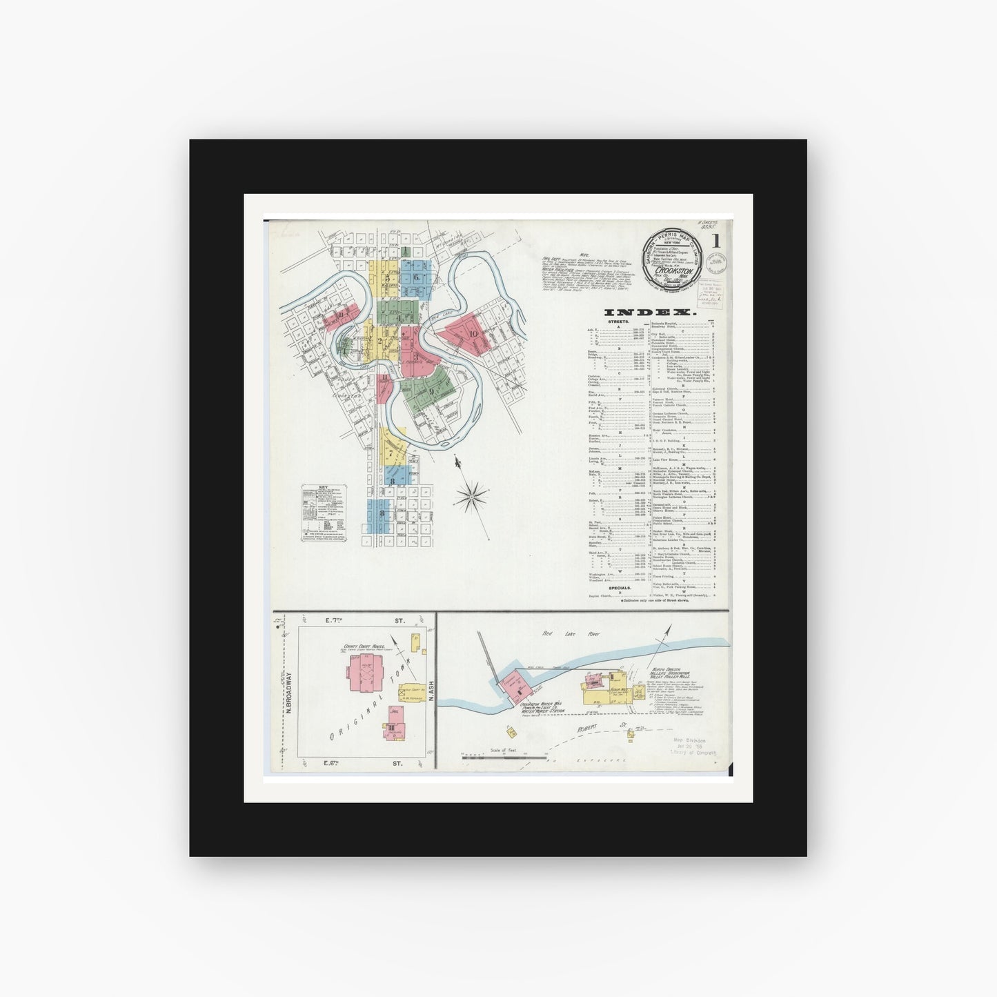 Old map wall art mockup — black gallery frame with white mat — Sanborn Fire Insurance Map from Crookston, Polk County, Minnesota (1900), Sheet #0001