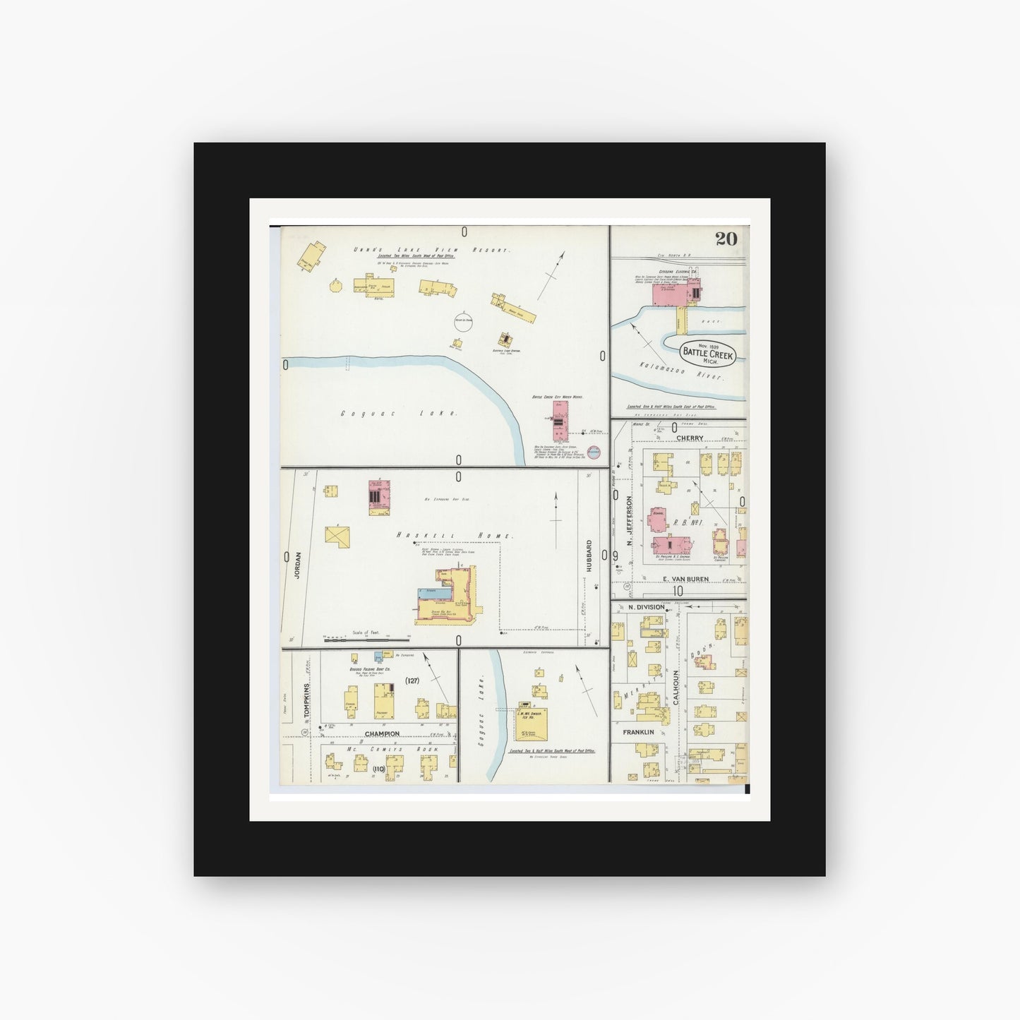 Old map wall art mockup — black gallery frame with white mat — Sanborn Fire Insurance Map from Battle Creek, Calhoun County, Michigan (1899), Sheet #0020