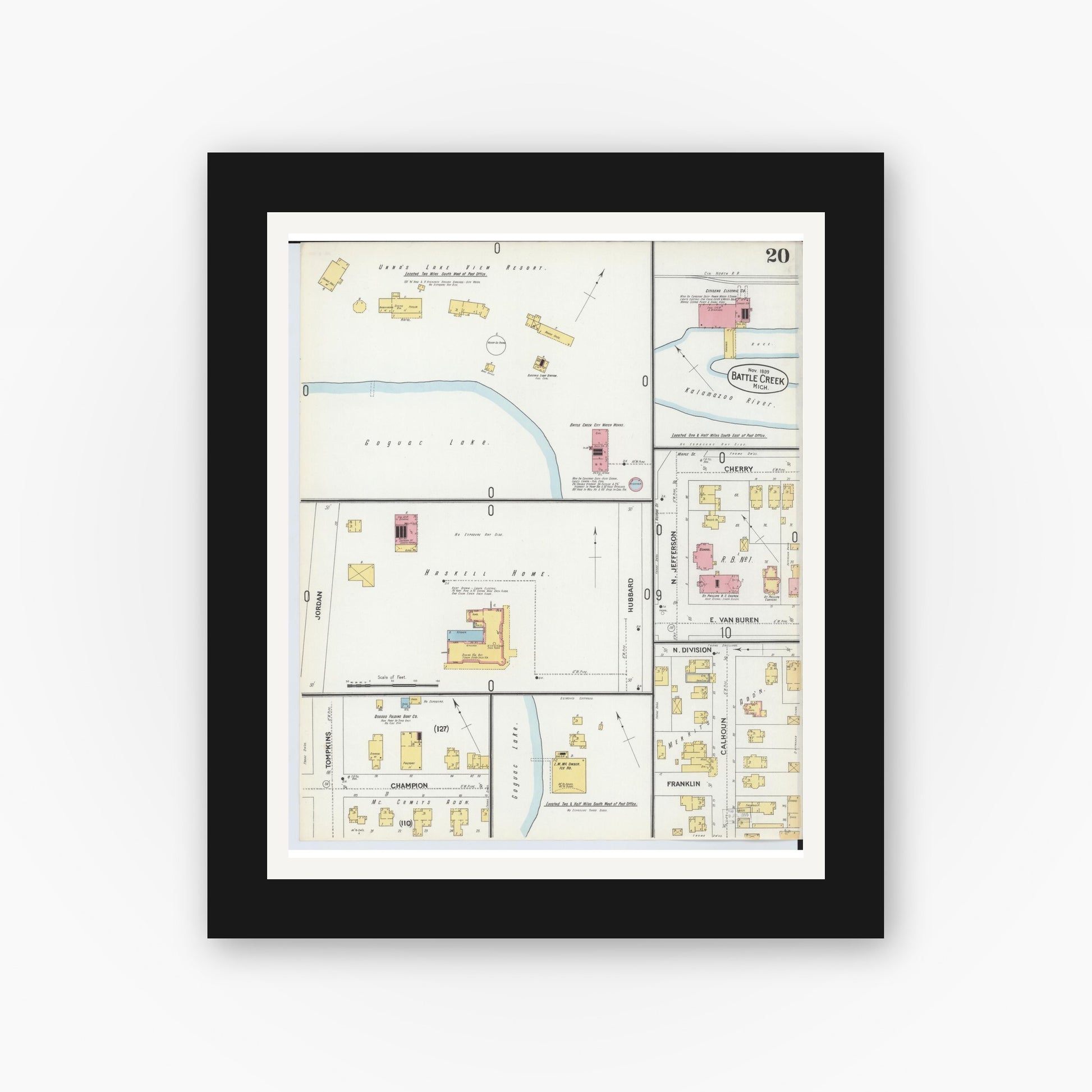 Old map wall art mockup — black gallery frame with white mat — Sanborn Fire Insurance Map from Battle Creek, Calhoun County, Michigan (1899), Sheet #0020